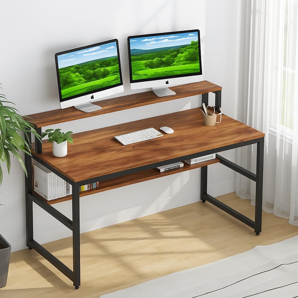 Tekavo Riana Computer Table For Home Pc I Office Table For Home I Lower Shelf & Monitor Riser  Brown Wood, Metal (150 Cm X 60 C