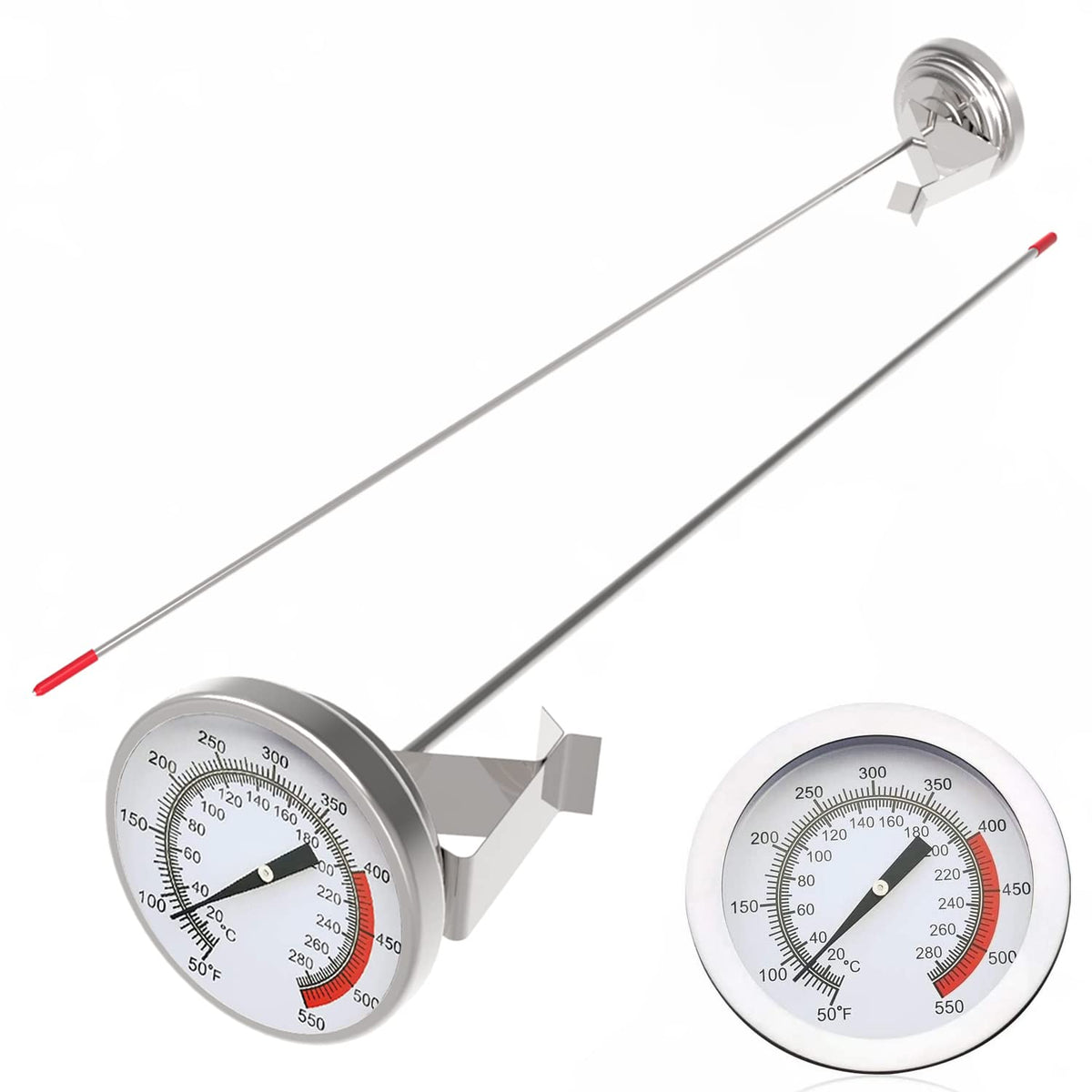 Lightbeam 16'' Long Stem Deep Fry Thermometer With Clamp (2 Pack), Instant Read 2'' Dial Meat Bbq Thermometer For Deep Fry, Gril