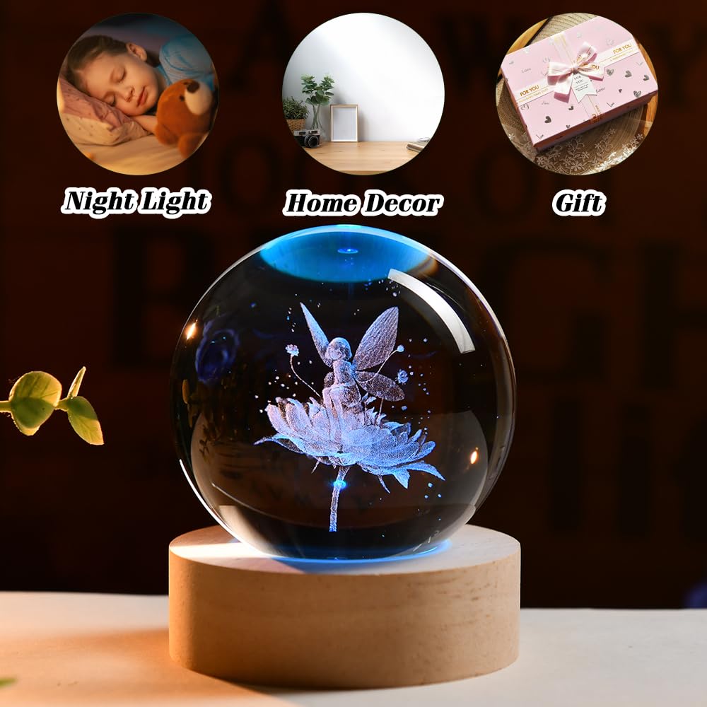 ZRENJHUS Flower Fairy Crystal Ball Fairy with Flower Glass Decor 3D Engraving Decorative Ball Light Gifts for Girls Women Fairy