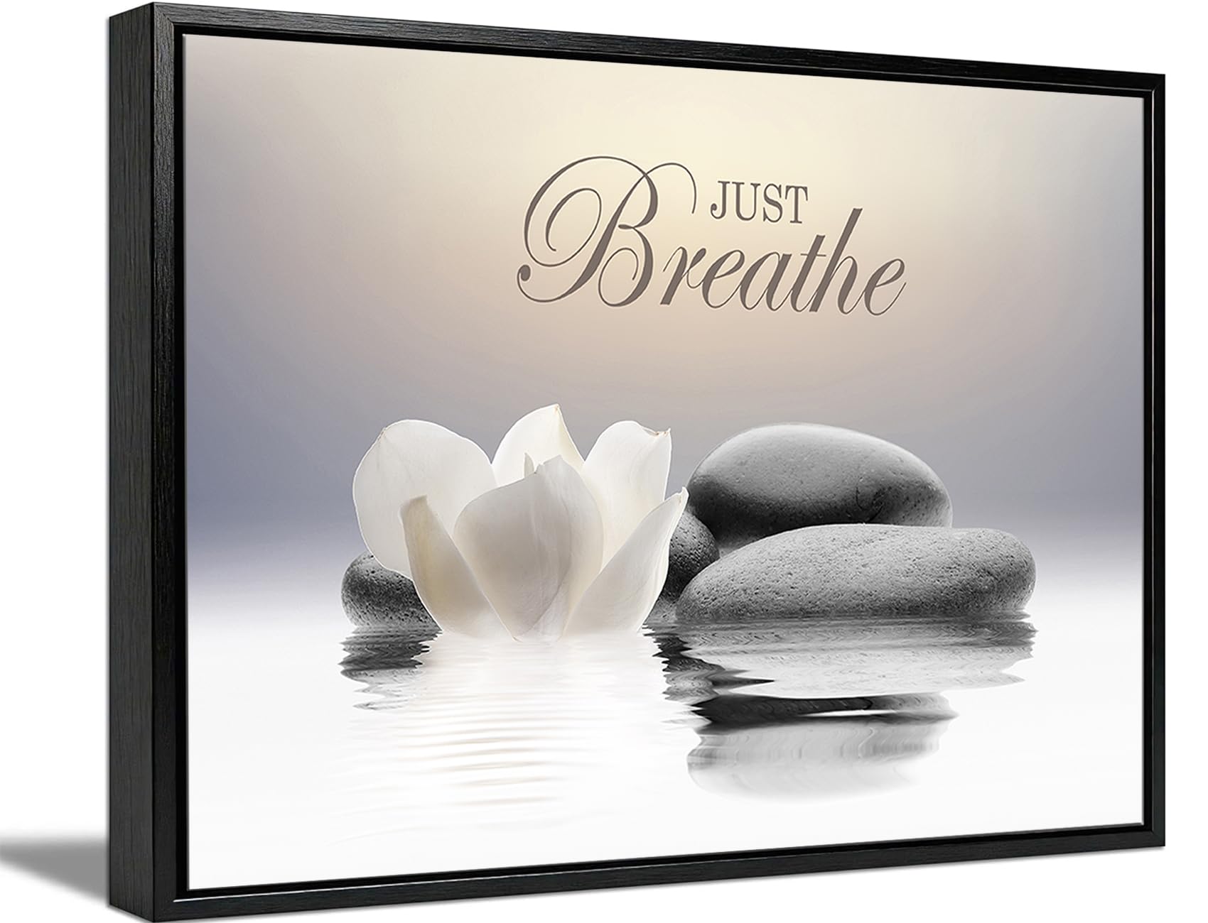 Floating Framed Zen Wall Art, White Lotus Flower Canvas Prints, Just Breathe Stone Poster Picture for Office Spa Yoga Meditation