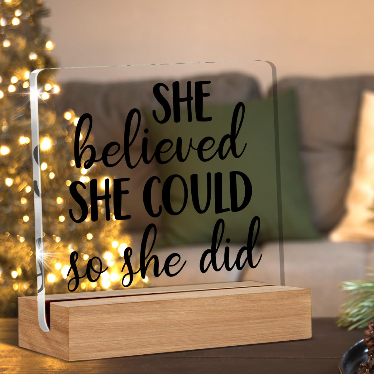 Inspirational Motivational Gifts for Women, She Believed She Could Clear Desk Decorative Sign Acrylic Sign With Wooden Stand for
