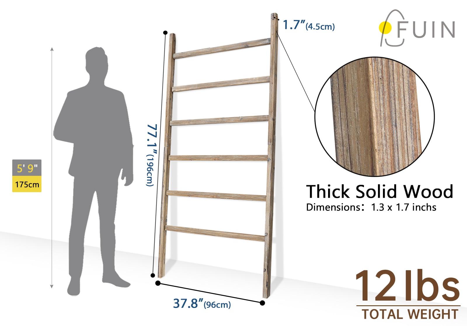 Fuin Extra Wide 6.4Ft Wooden Blanket Ladder Living Room Decorative Wal Leaning Farmhouse Quilt Display Holder Rustic Wood Towel