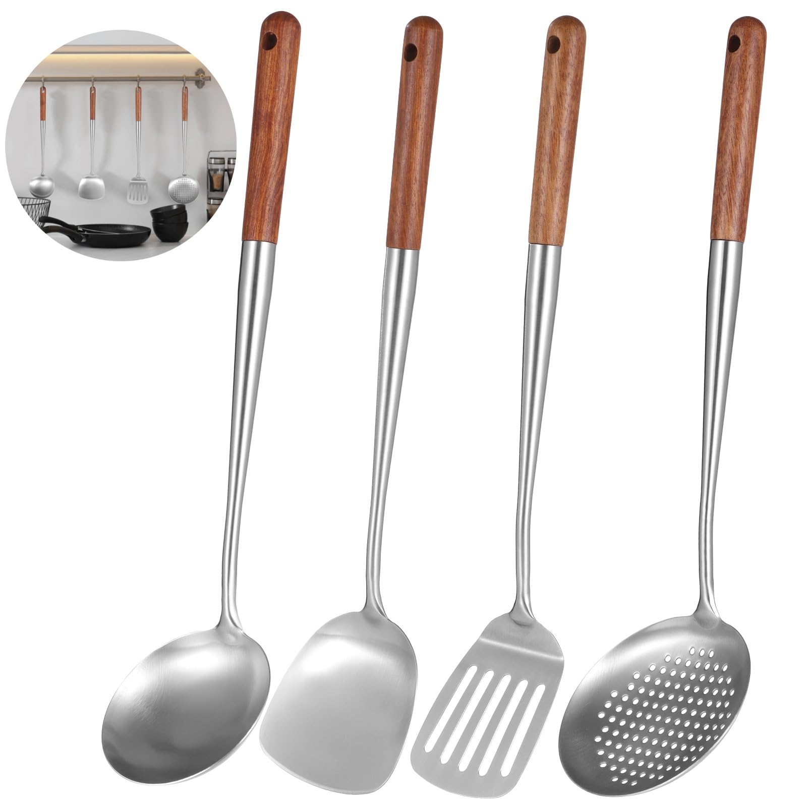 4 Pcs Stainless Steel Wok Utensil Set, Includes Spatula, Ladle, Skimmer and Slotted Spatula, Kitchen Utensils with Heatinsulate