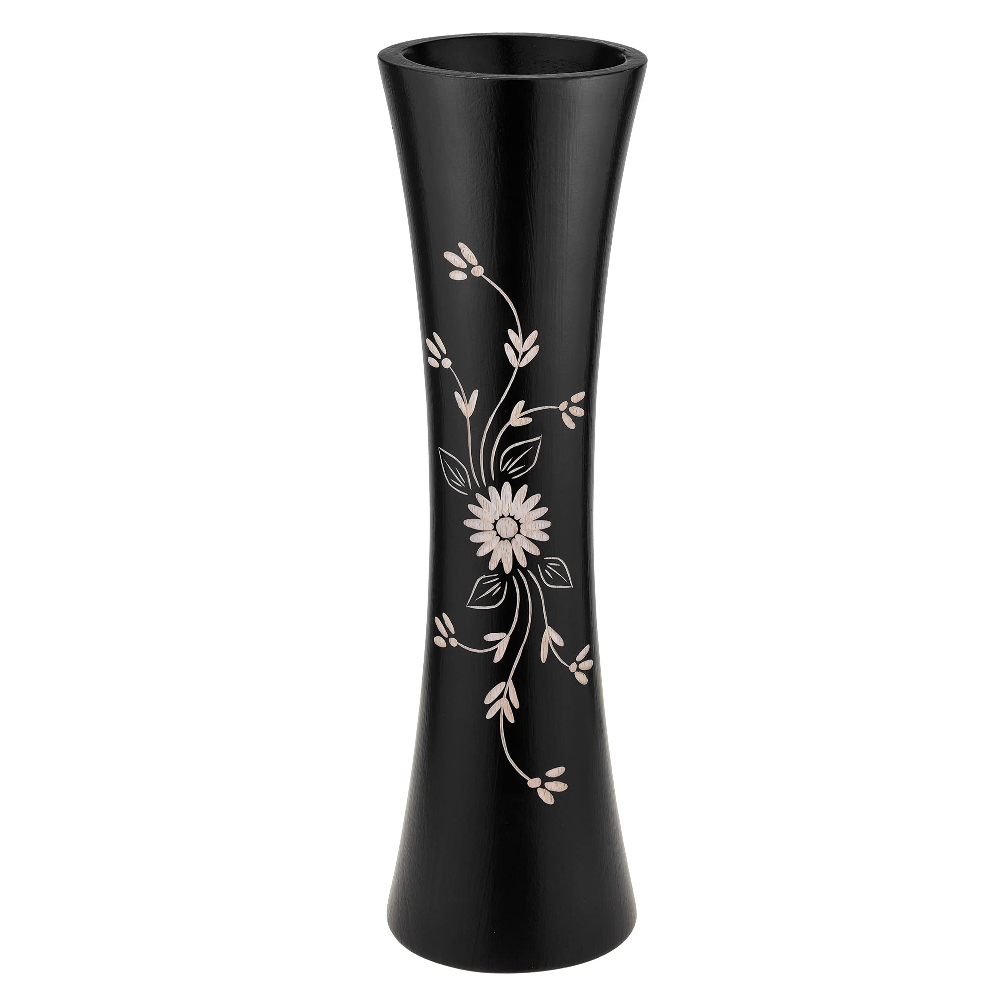 AeraVida Tropical Chic Etched Flower Motif on Concaving Cylindrical Table Vase in Black Stain for Nature Inspired Home D  cor wi