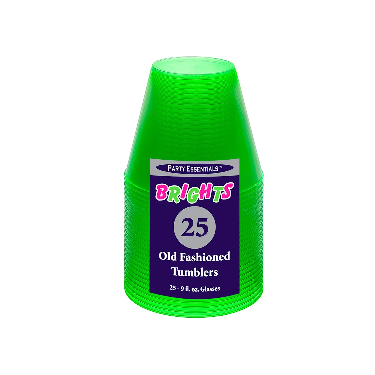 Party Essentials Hard Plastic 25 Count Party Cups/Tumblers, 9-Ounce, Neon Green