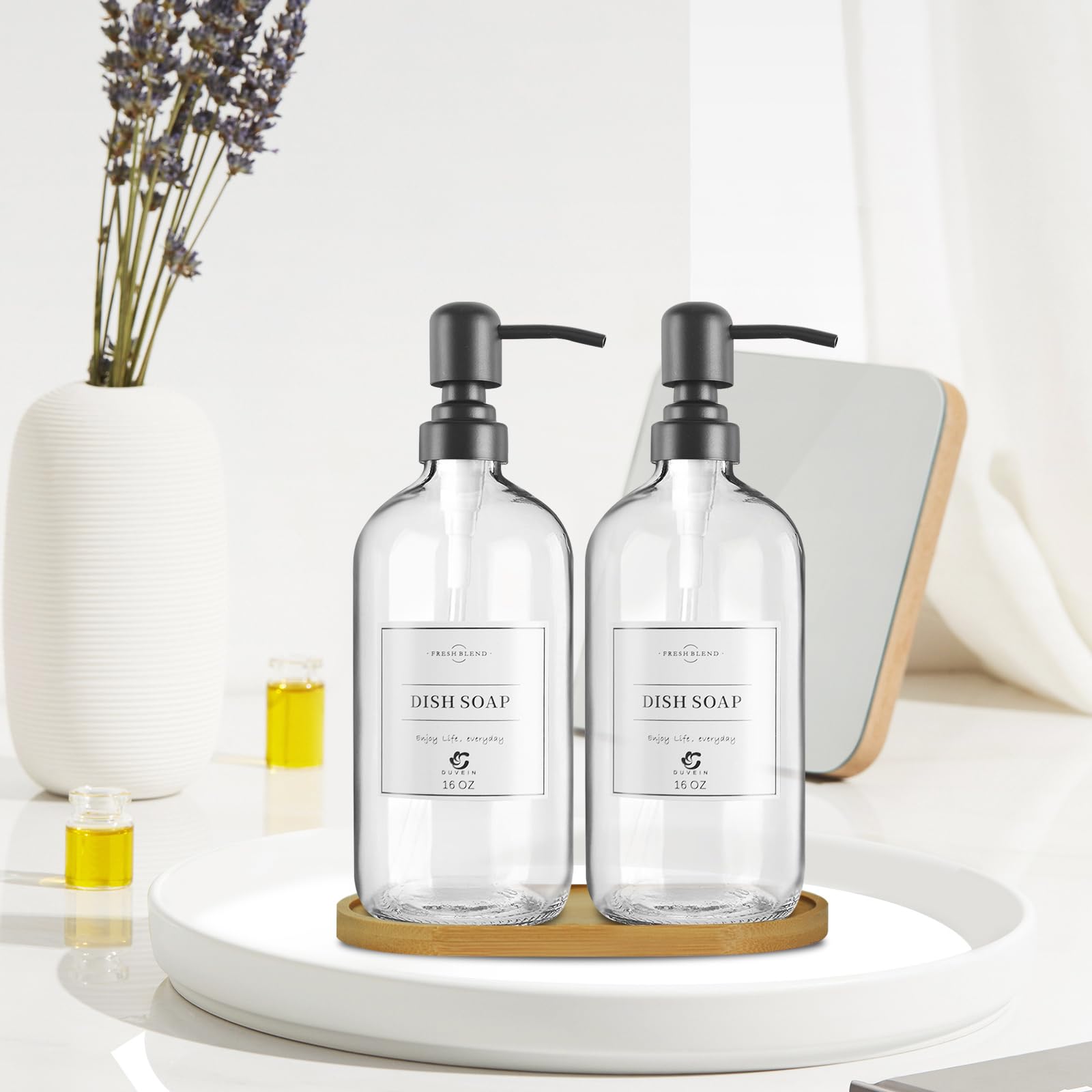 Duvein 2 Pack Clear Glass Soap Dispenser Refillable Bottles With Bamboo Tray For Kitchen Bathroom Soap Hand Soap Lotion Conditio