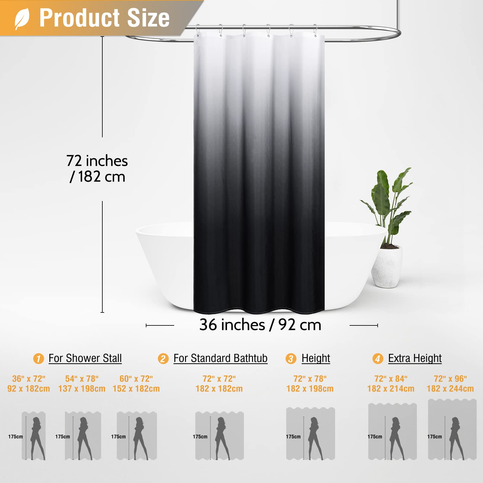 BTTN Fabric Shower Stall Curtain - 36x72 Inch Narrow Ombre Linen Textured Weighted Shower Curtain Set with 6 Plastic Hooks  Half Hotel Camper Decorative Polyester Shower Curtains for Bathroom - Black