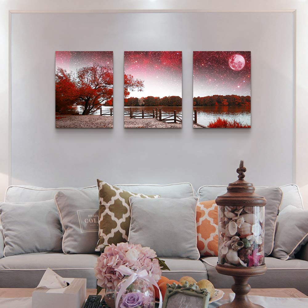 Wall Art For Living Room Canvas Prints Bedroom Wall Decor For Bathroom Artwork Abstract Painting Red Tree Moon Landscape Paintin