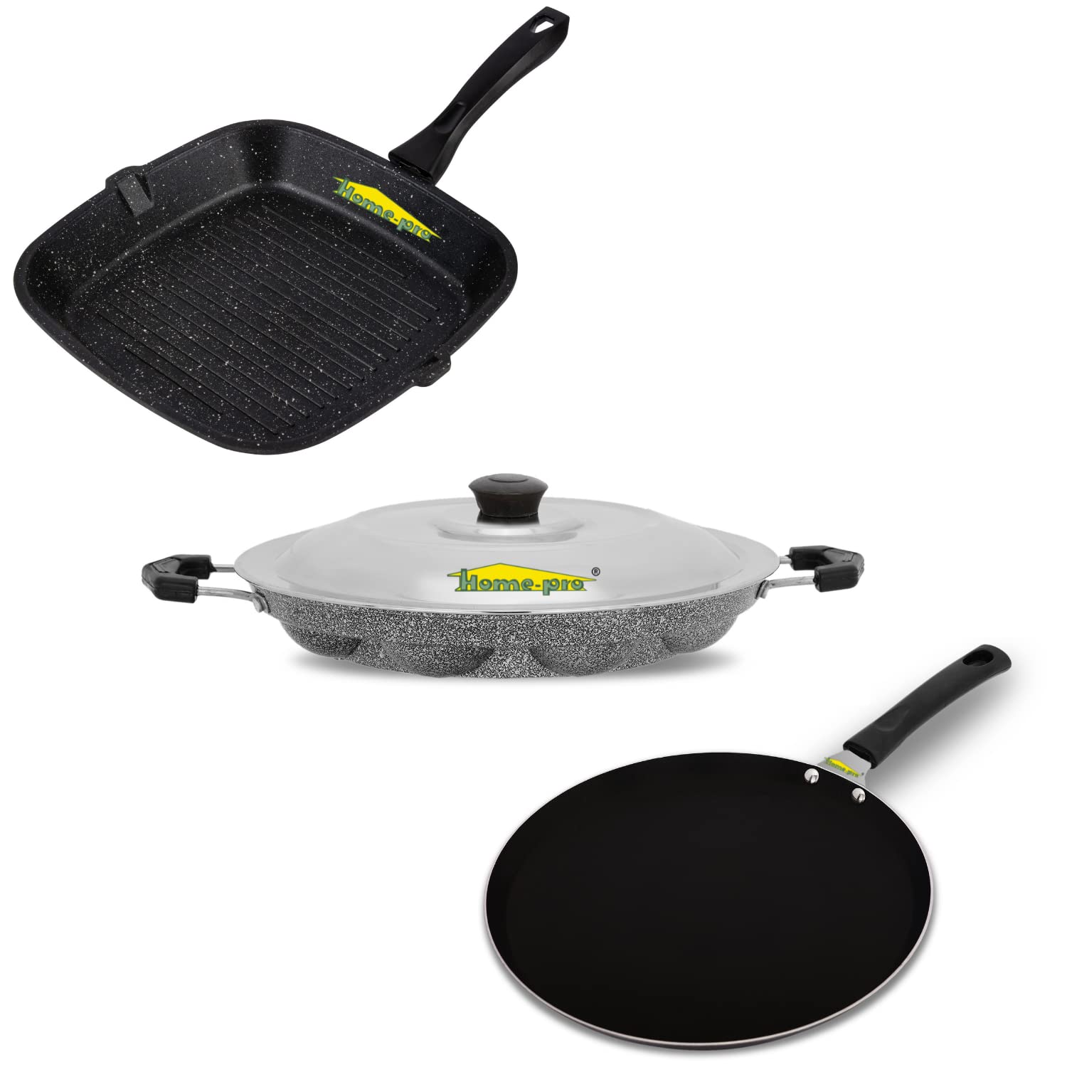 Home-Pro - Grill Pan, Dosa Tawa Black & Appam Silver | Non Stick Combos | Pot Pan Set | Aluminium Set | Bakelite Handle | Combo 