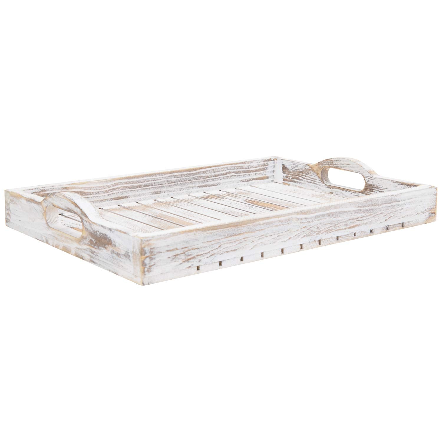 Mygift Shabby Chic Whitewashed Wood Breakfast Serving Tray With Cutout Handles
