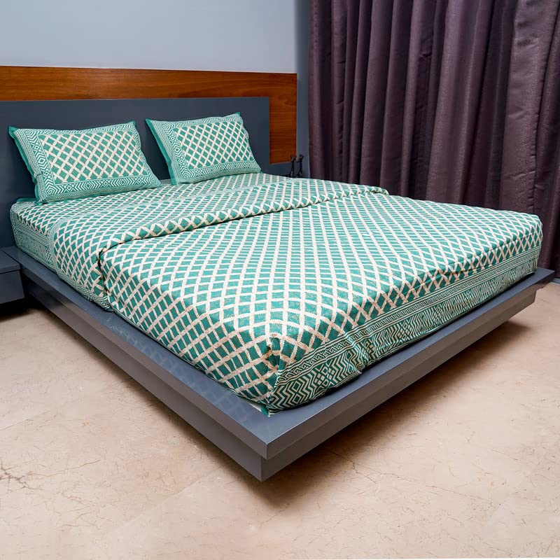 Inizio Jaipuri Sanganeri Hand Block Printed Queen Size Bedsheet & 2 Zip Pillowcases Breathable Cotton Flat Bedsheets |Wedding Gi