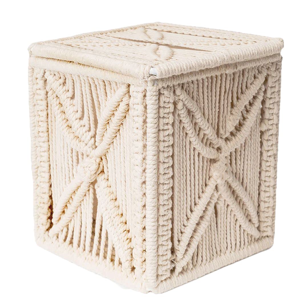 Livalaya Macrame Tissue Box Cover Square Cute Boho Tissue Box Holder, Macrame Napkin Tissues Organizer Toilet Paper Holder Or Ti