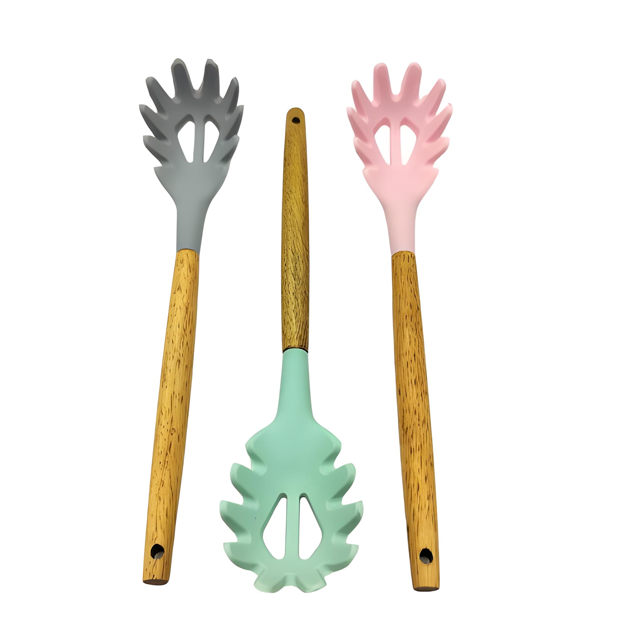 Lemon Tree Silicone Salad Claws Set | Wooden Handle Serving Tongs For Pasta Noodles Spaghetti | Heat Resistant Kitchen Utensils 