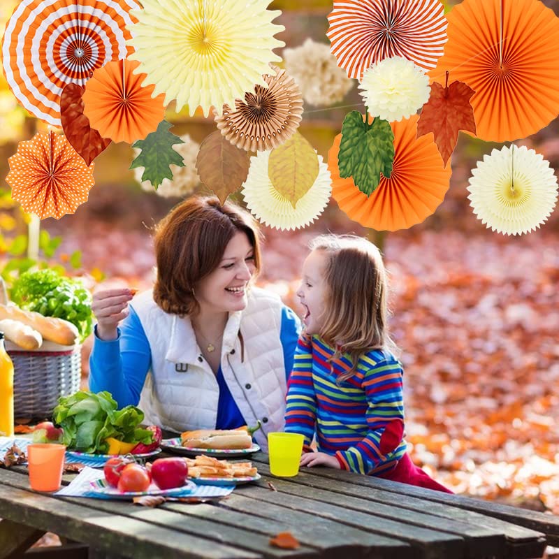 Easy Joy 14 Pcs Fall Party Decorations, Orange Hanging Paper Fans Autumn Paper Pompoms Paper Lanterns Maple Leaves Bunting Garla