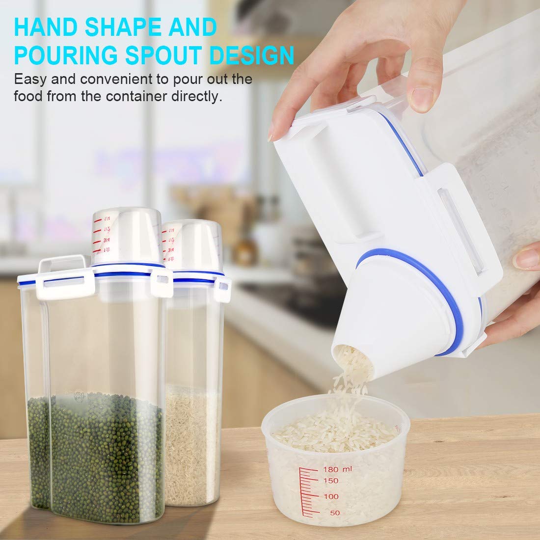 Uppetly Rice Airtight Dry Food Storage Containers, Bpa Free Plastic Sealed Holder Bin Dispenser With Pouring Spout, Measuring Cu