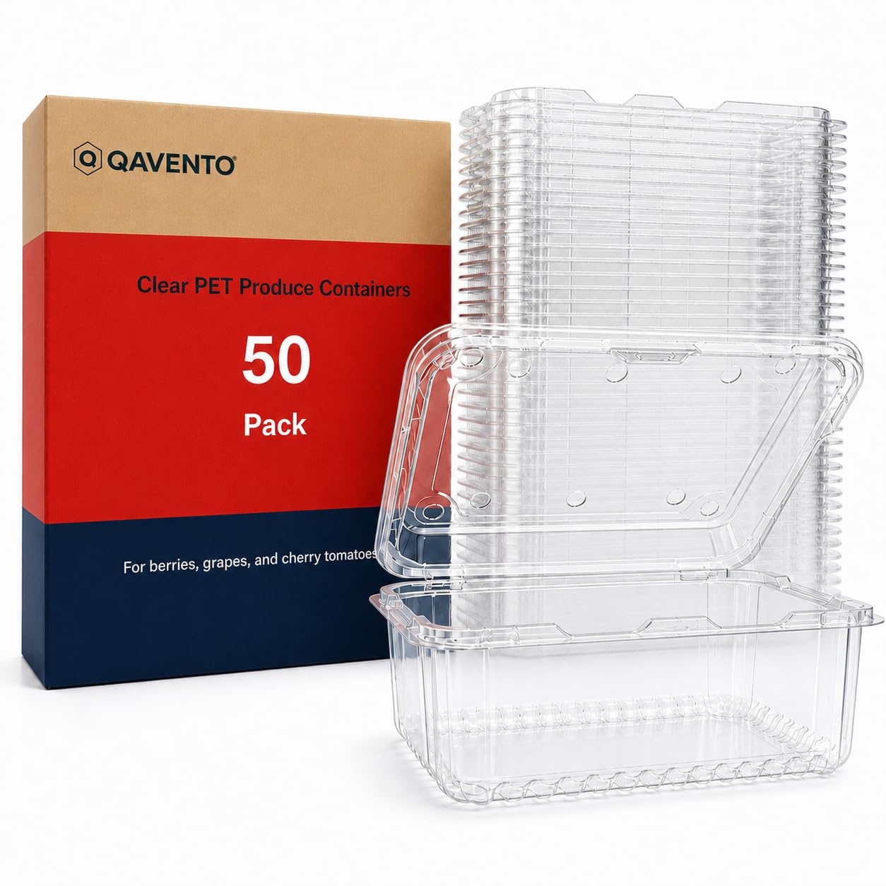 QAVENTO Clear PET Fruit Containers with Hinged Lid, Vented Produce Clamshells, 50 Pack, 6.9 x 5.3 x 3.0 in, for Berries, Grapes,