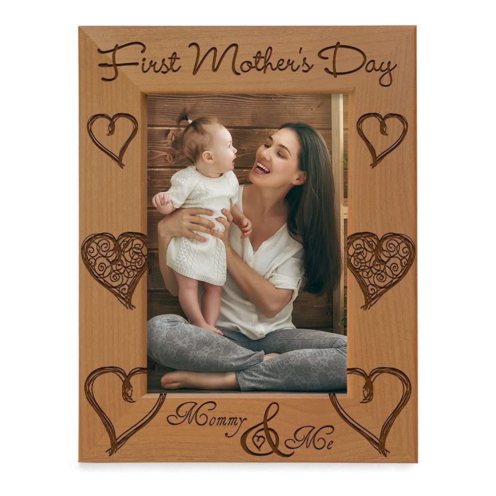 KATE POSH First Mothers Day Photo Frame - Engraved Natural Wood Picture Frame - 1st Mothers Day Gifts, New Mommy Gifts, First 