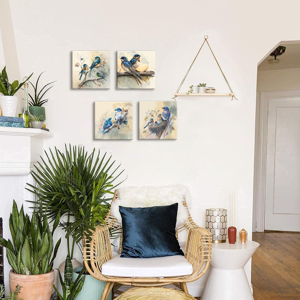 Lasdel Blue Bird Stretched Canvas Wall Art For Bathoom Bedroom Home Decoration, Beautiful Lively Animal Family Picture Print Art