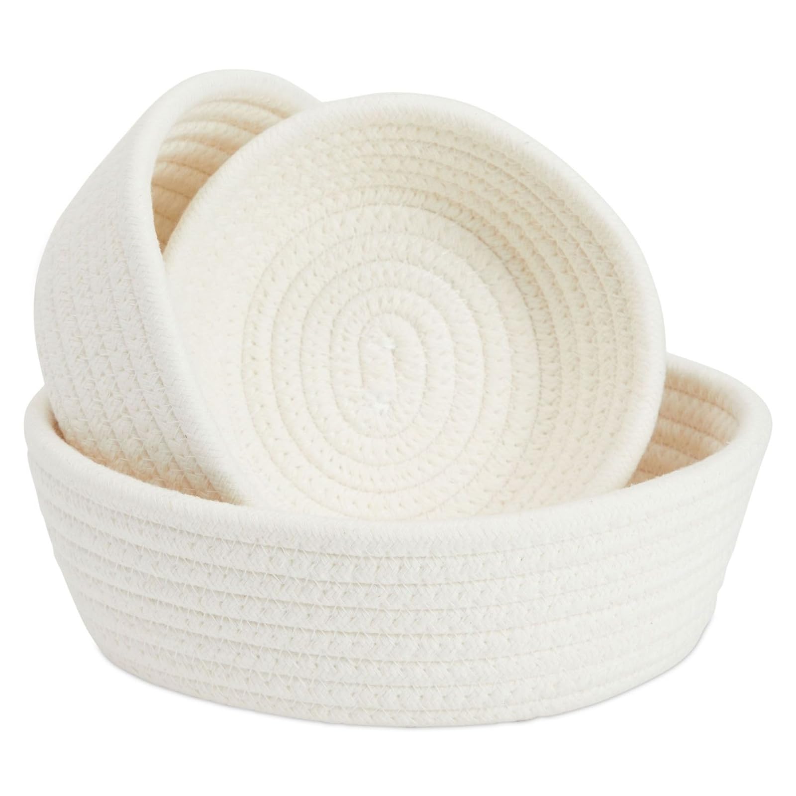 Juvale 3-Pack Small Round Cotton Rope Woven Storage Baskets - Nesting Bins for Organizing Home and Montessori Toys (White, 3 Siz