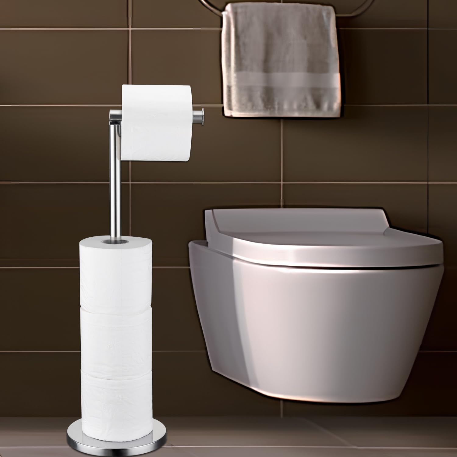 Welllink Toilet Paper Holder Stand, Floor Standing With Heavy Weighted Base - Holds 4 Rolls, Polished Chrome Bathroom Tissue Org