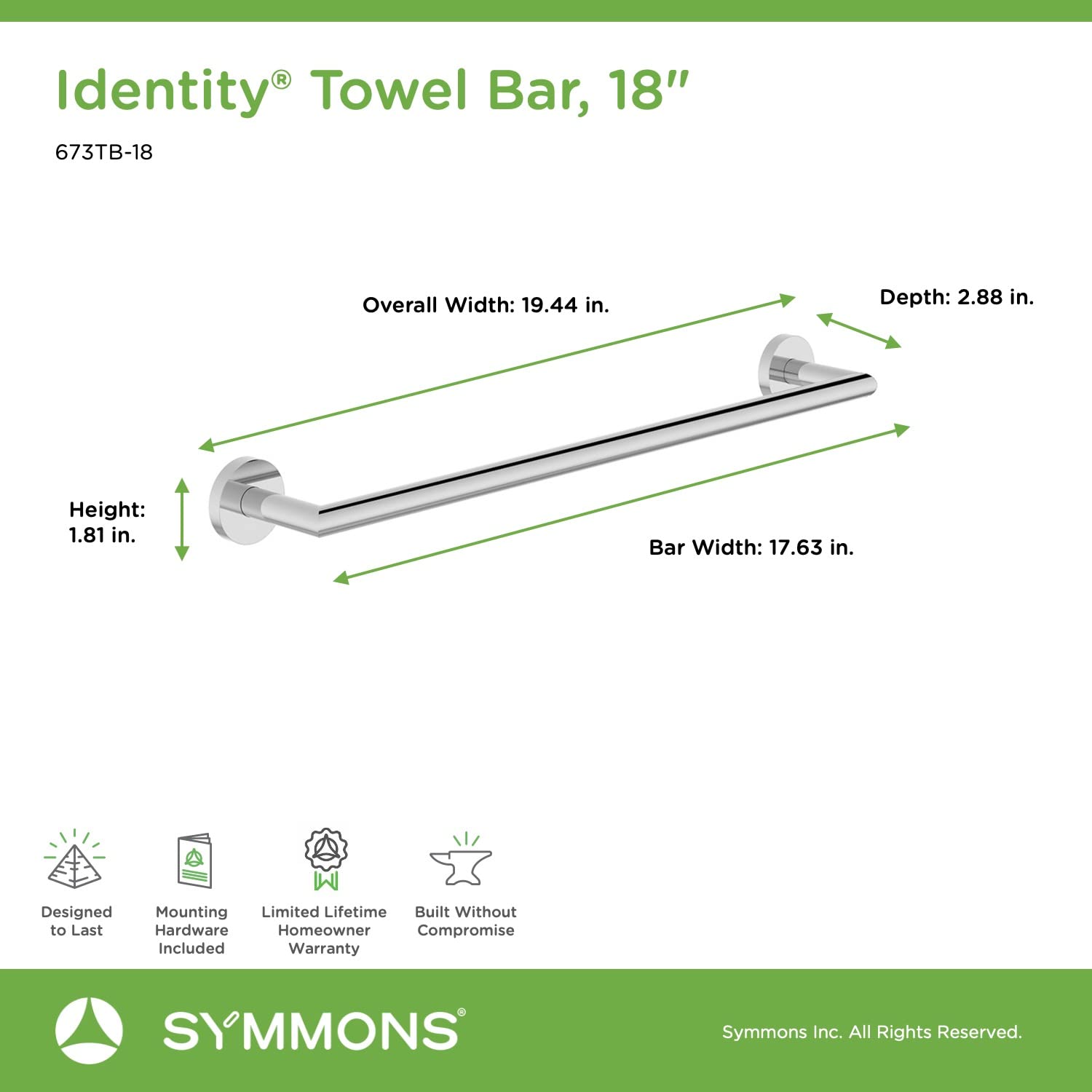 Symmons 673Tb-18 Identity 18 In. Wall-Mounted Towel Bar In Polished Chrome