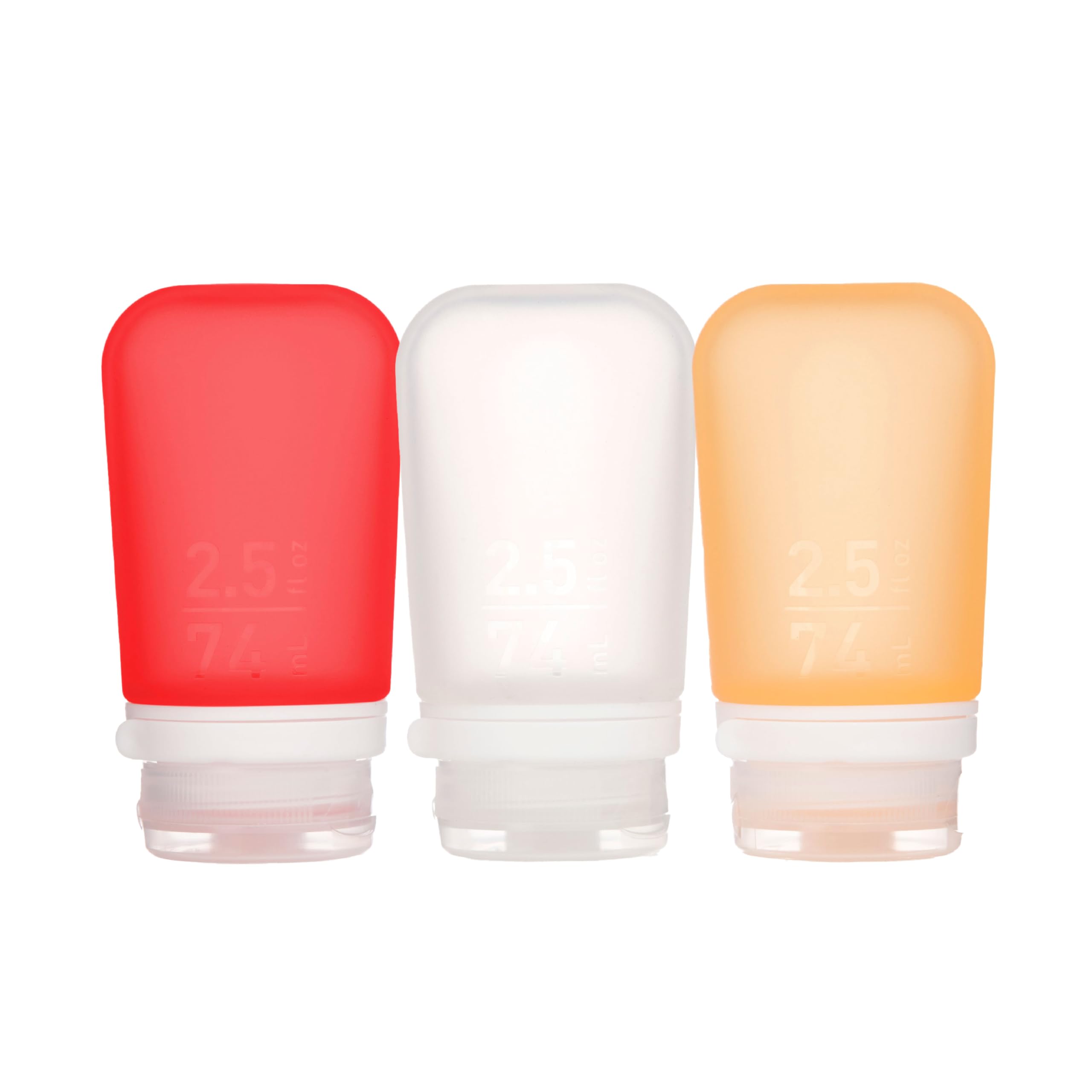 Humangear Gotoob+ 3-Pack (Medium) | Refillable Silicone Travel Bottle | Locking Lid | Food-Safe Material, Clear/Red/Orange, Medi