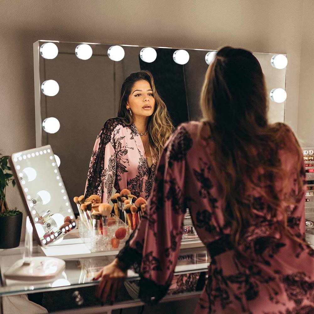 Bobening Vanity Mirror for Makeup Bluetooth  Extra Large Hollywood Lighted Mirror with 18 Dimming LED Bulbs Smart  Tabletop/Hanging Cosmetic Mirror with Touch Screen & USB Charging Port & Speaker