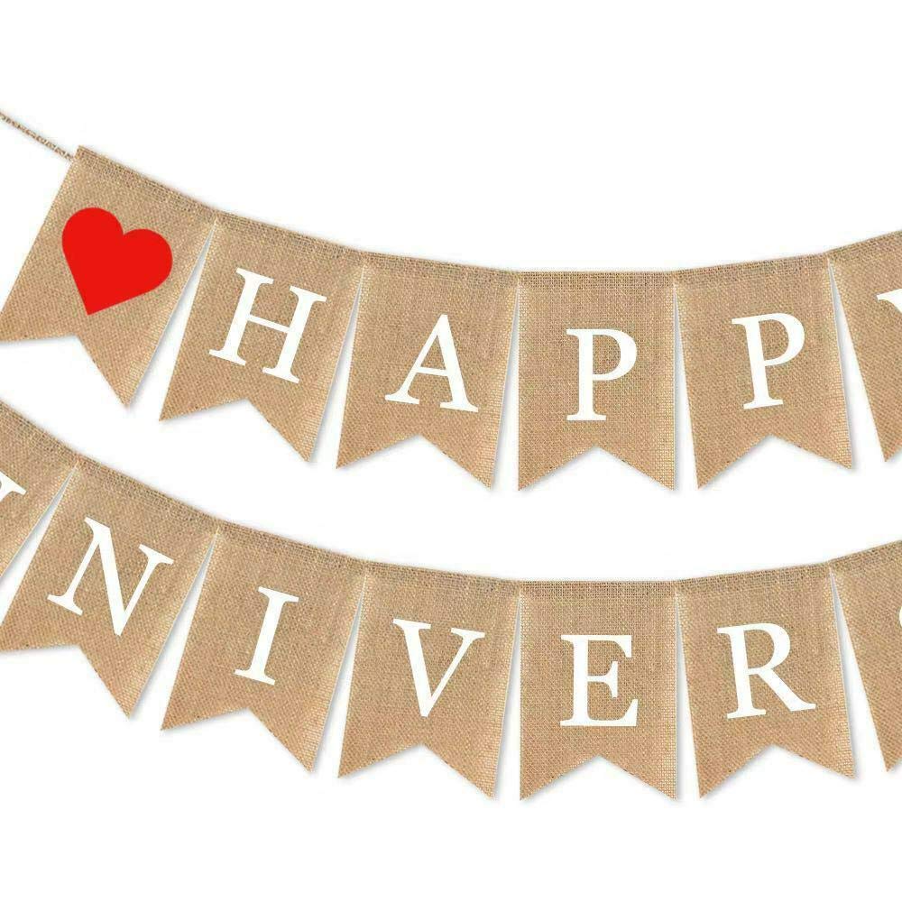 Swyoun Burlap Happy Anniversary Banner Party Bunting Garland Wedding Decoration Supplies