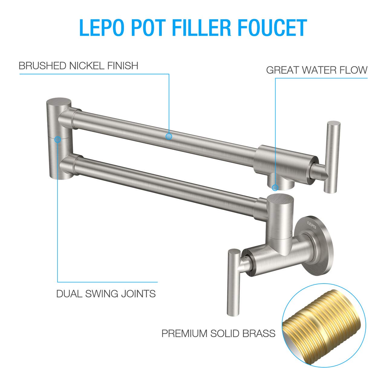 LEPO Pot Filler Faucet  Wall Mount Solid Brass Brushed Nickel Double Joint Swing Arm Folding Kitchen Faucets with Single Hole  2 Handles