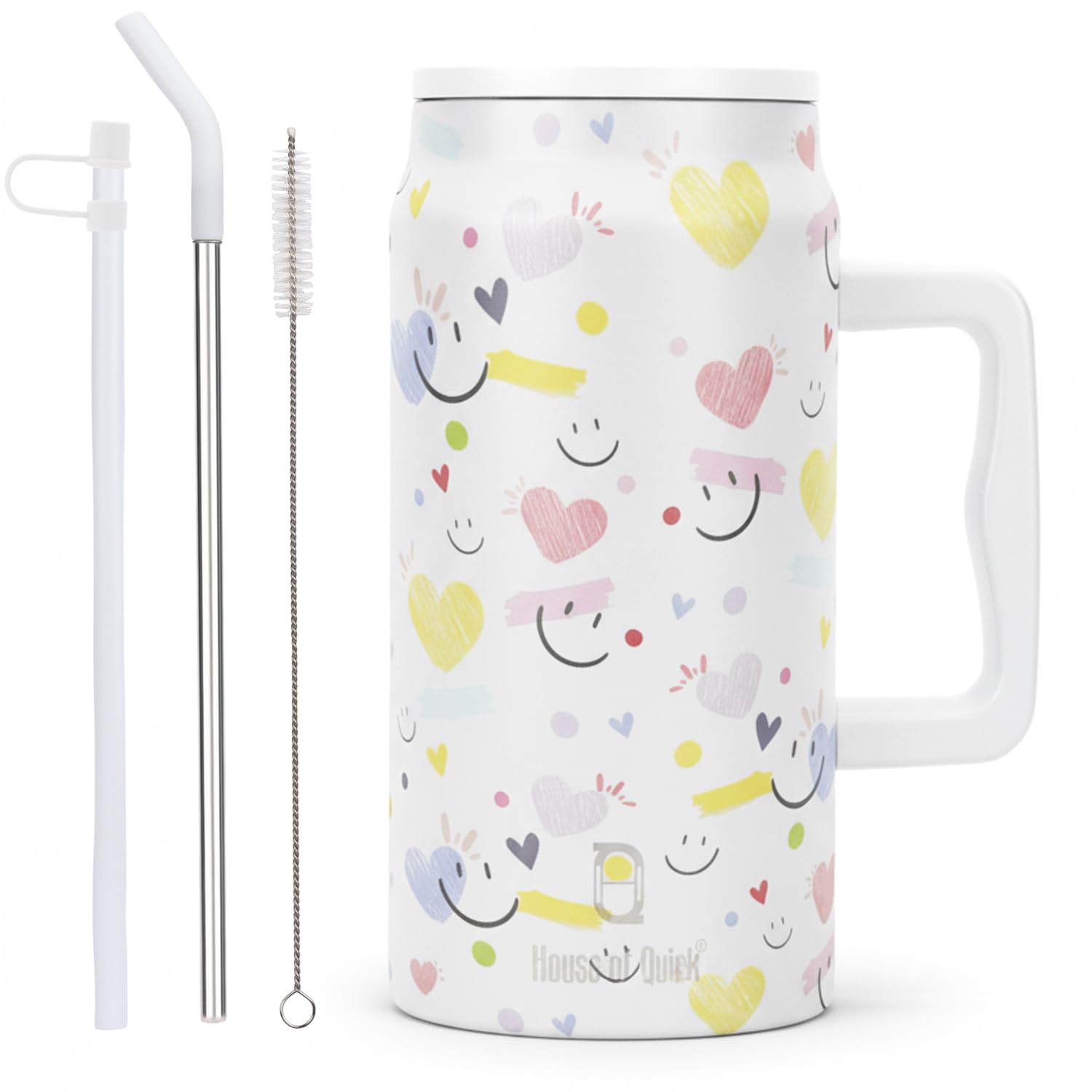 House Of Quirk 1500Ml Stainless Steel Mug Tumbler With Handle & Straw Lid - Large Water Bottle For Men & Women (White Heart)