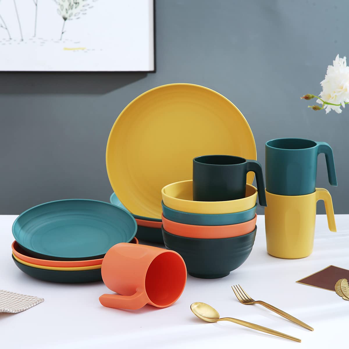 Kyraton Plastic Dinnerware Set of 16 Pieces  Unbreakable And Reusable Light Weight Plates Mugs Bowls Dishes Easy to Carry And Clean Microwave Safe BPA Free Dishwasher Safe Service For 4 (Mutil Color)