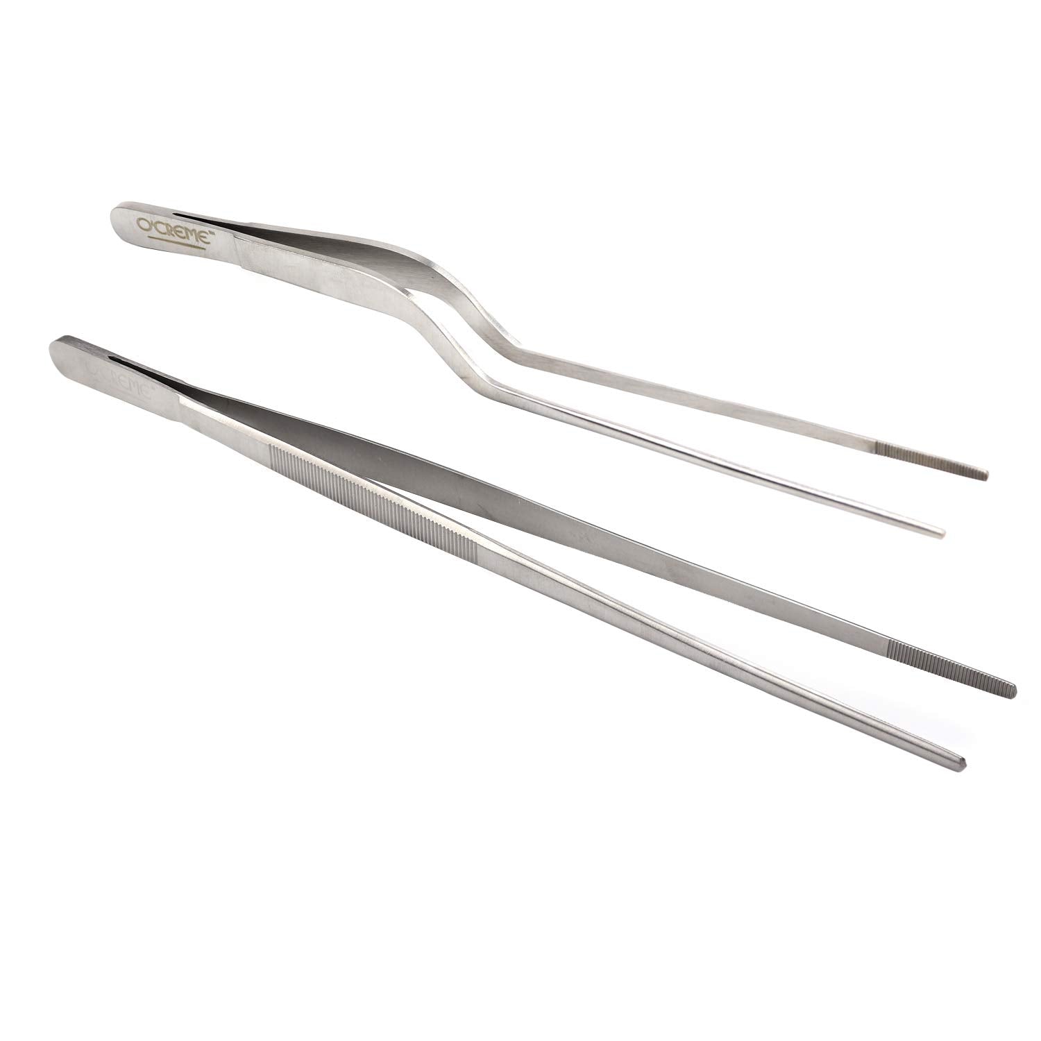 O'Creme Culinary Stainless Steel Tweezer Tongs Set Of 2 - One 10 Inch Straight And One 8 Inch Offset (Silver)