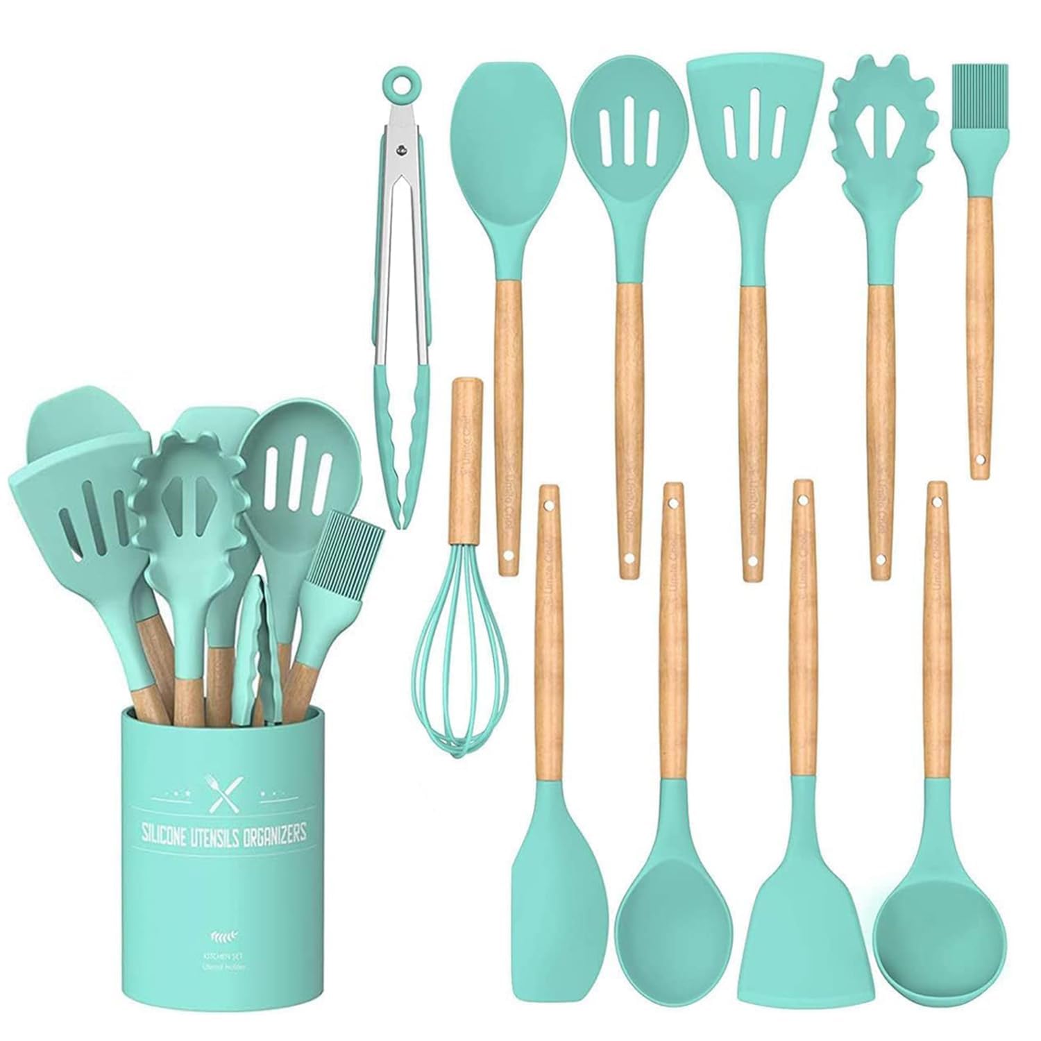 Kyraton 12Pcs Wooden Handle Silicone Cooking Spoon Set High Temperature Resistant Silicone Spatula Kitchen Utensils (Multicolor)