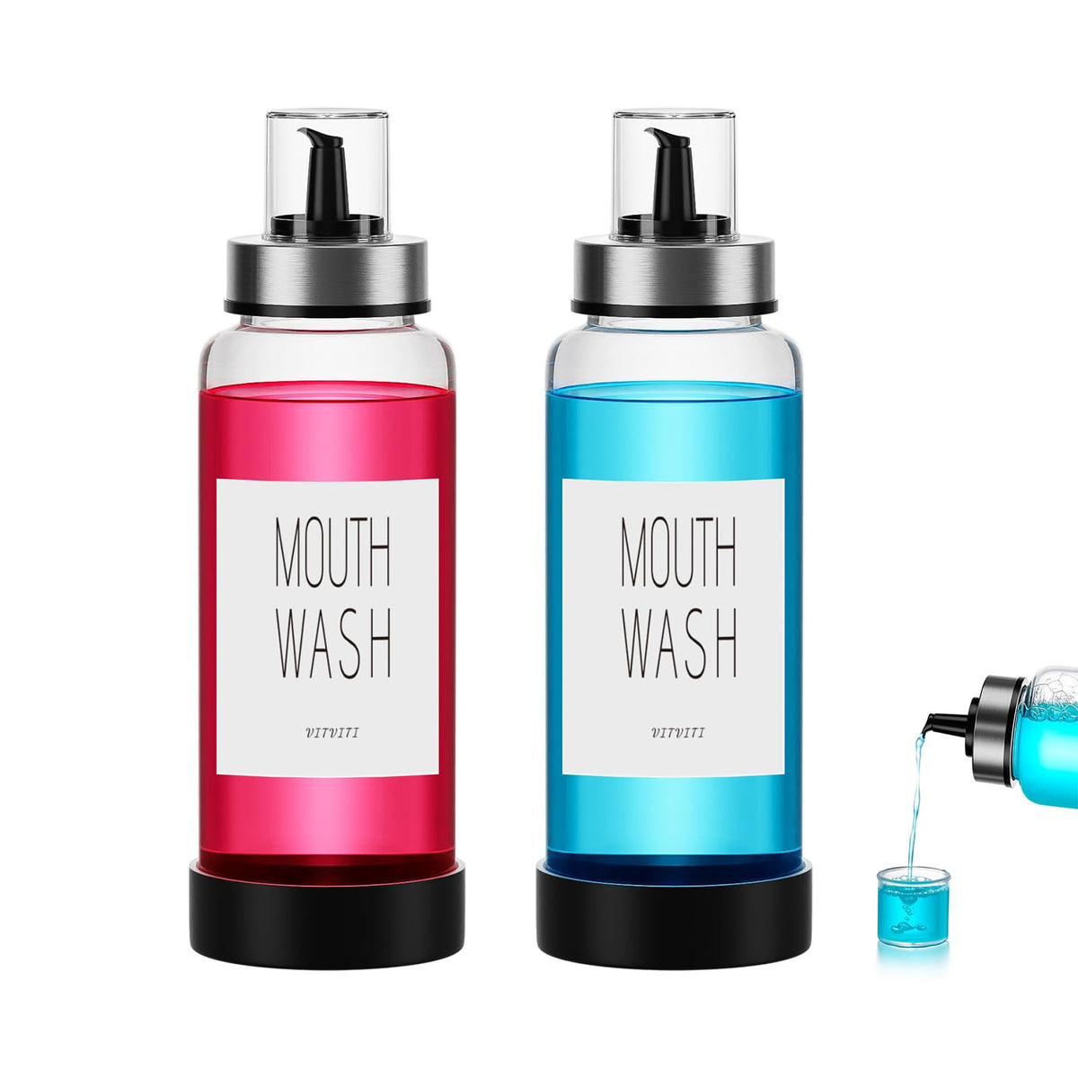 Vitviti 10Oz Mouthwash Dispenser For Bathroom, Glass Mouth Wash Container With Cup Lid, Clear Refillable Mouthwash Bottle Decant