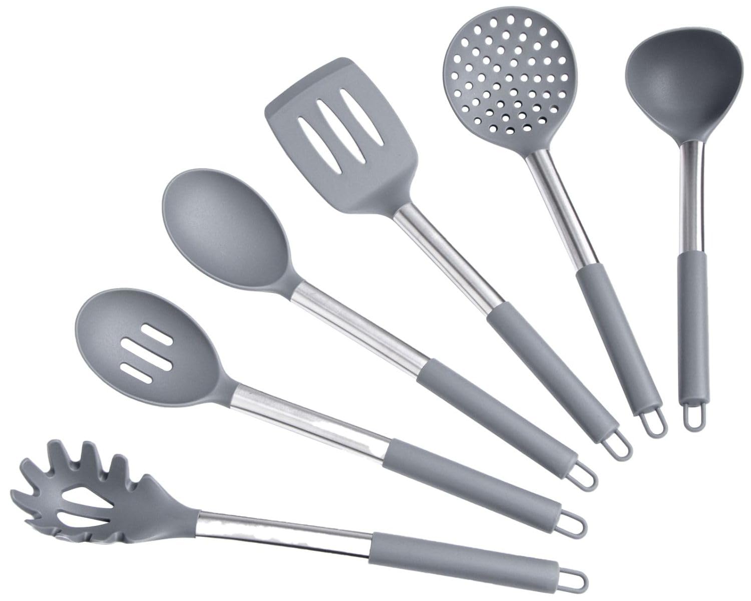 Silicone Kitchen Utensils Set - Culinary Couture 6-Pieces Grey Silicone Cooking Utensils Set For Nonstick Cookware - Stainless S
