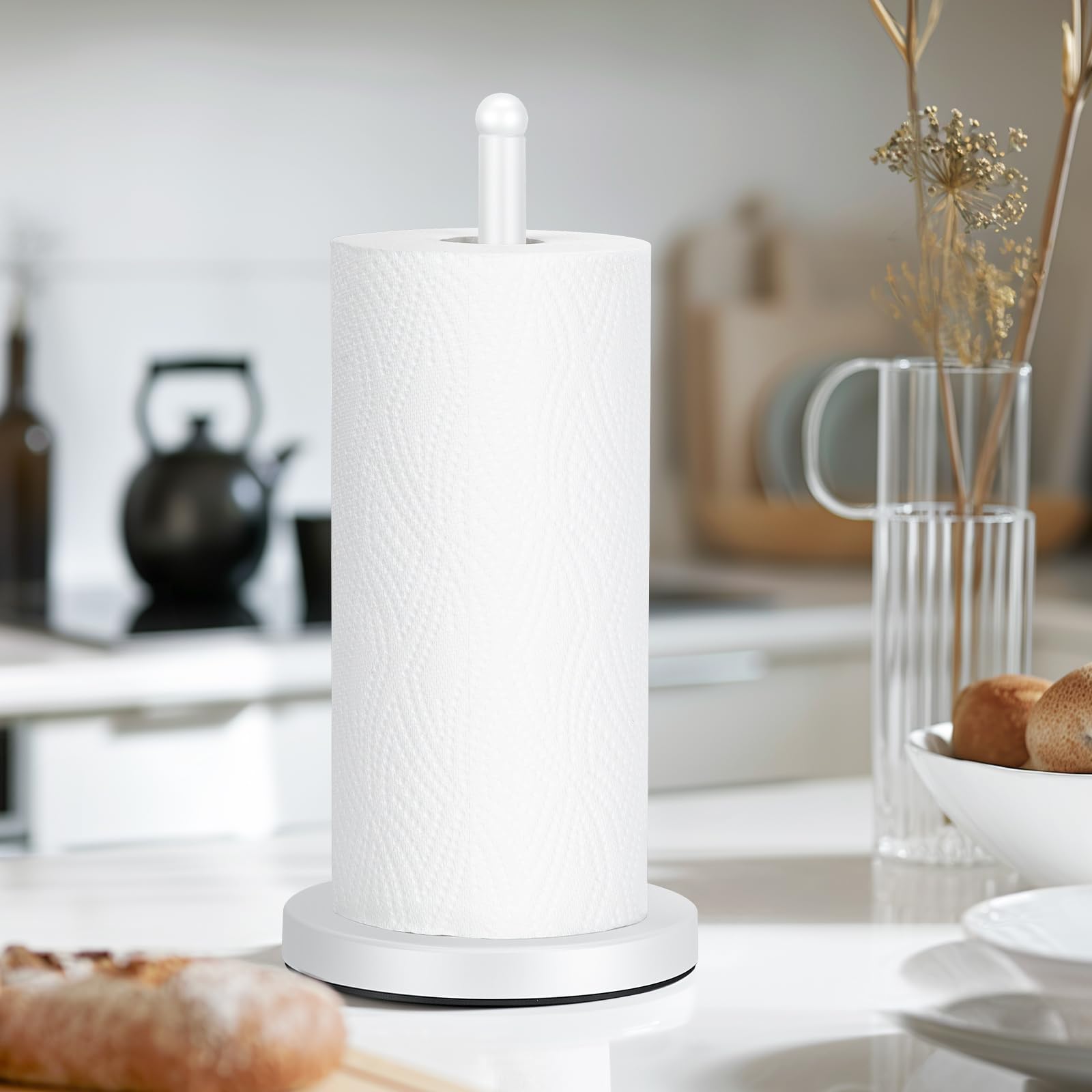 E-Room Trend White Paper Towel Holder Countertop, Weighted Paper Towel Holder Stand, Free Standing Paper Towel Holder, Paper Tow