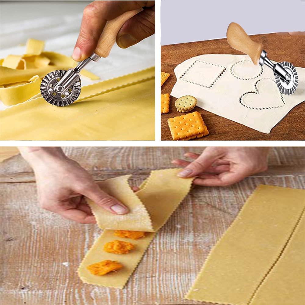Mtomdy Ravioli Cutter Stamps With Roller Wheel Round Mold With Wooden Handle And Fluted Edge Pasta Press Pasta Cutter For Home A