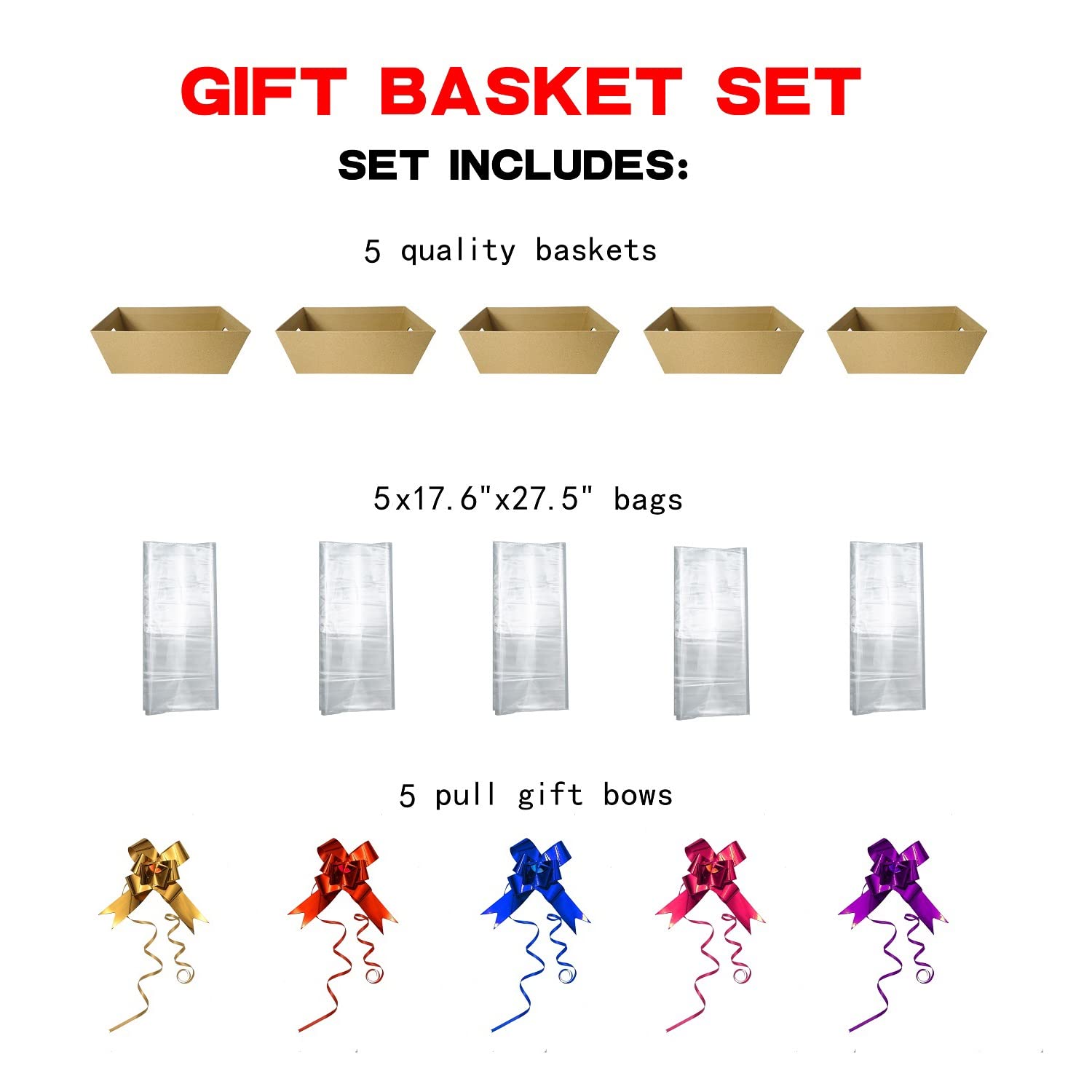 Funsky Gift Basket Set, 5 PCS Sturdy Kraft Cardboard Trays with Handles, Brown Rainbow, Model BFGE-55