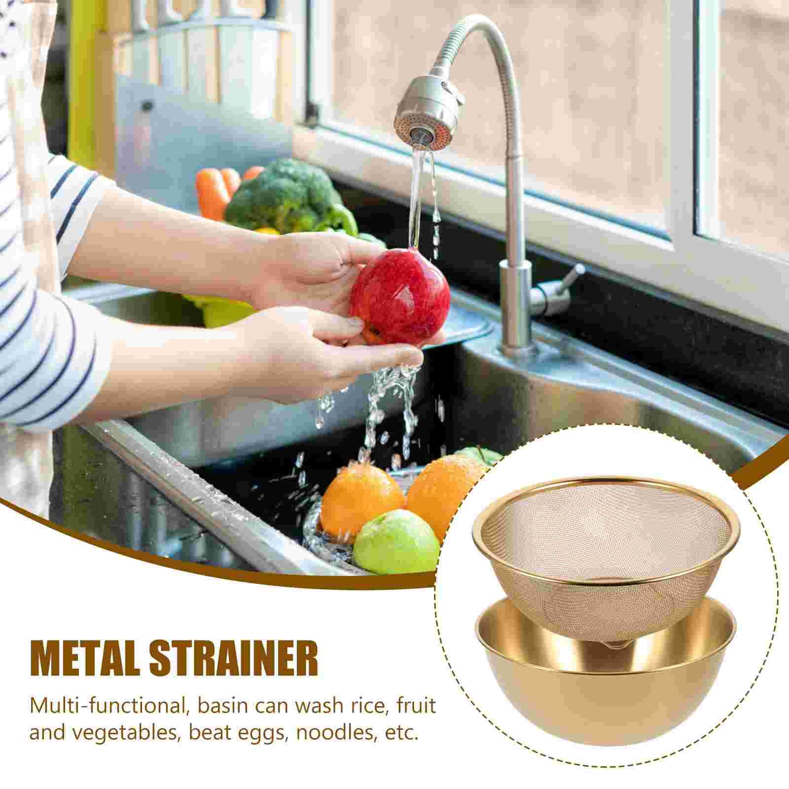 Multi-Functional Stainless Steel Rice Washing Bowl - Gold Kitchen Strainer For Rice, Vegetables & Fruit - Durable And Elegant De
