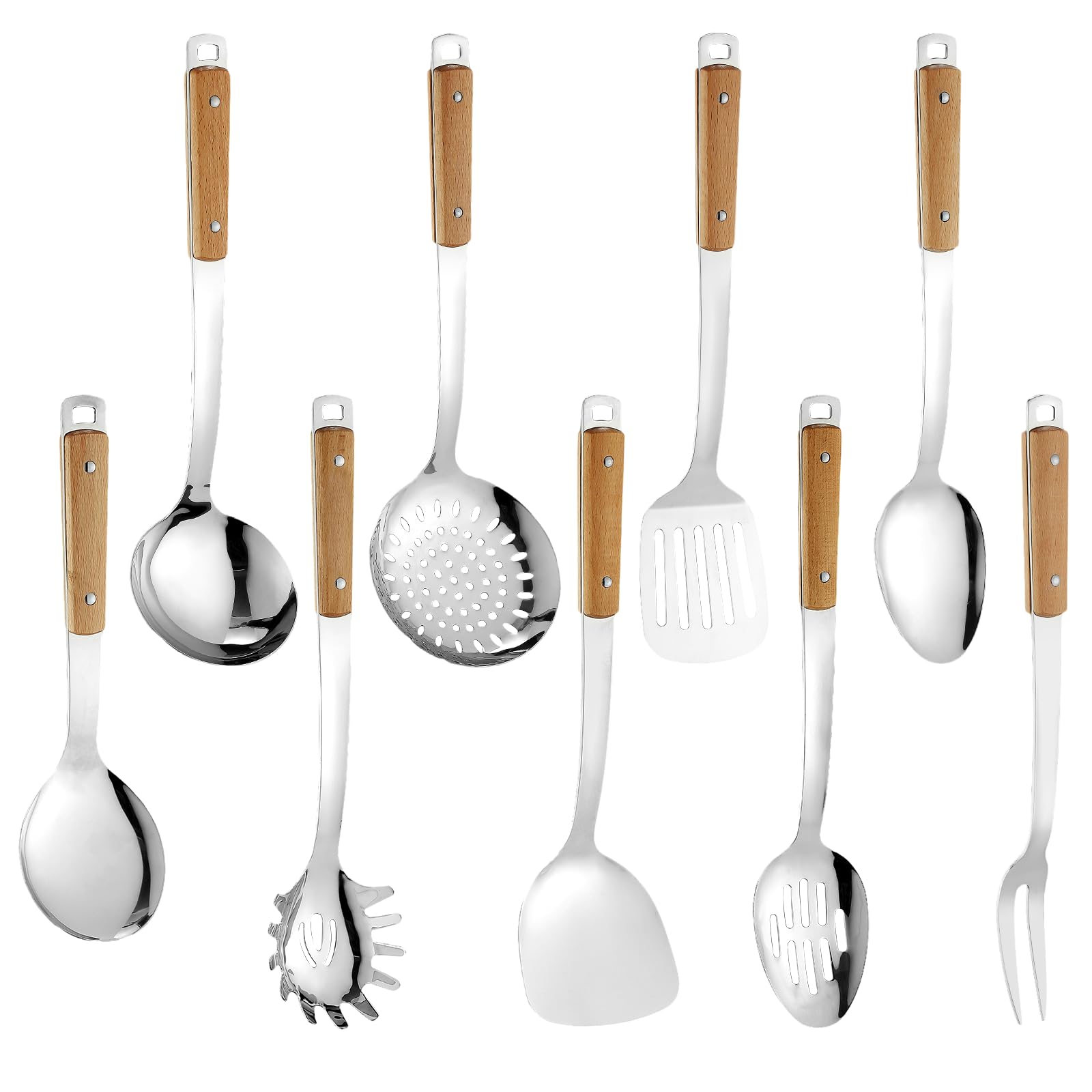 9pcs Cooking Utensils Set 304 Stainless Steel Kitchen Utensils with Wooden Hanlde Metal Kitchen Utensils Soup Ladle Set Dishwash
