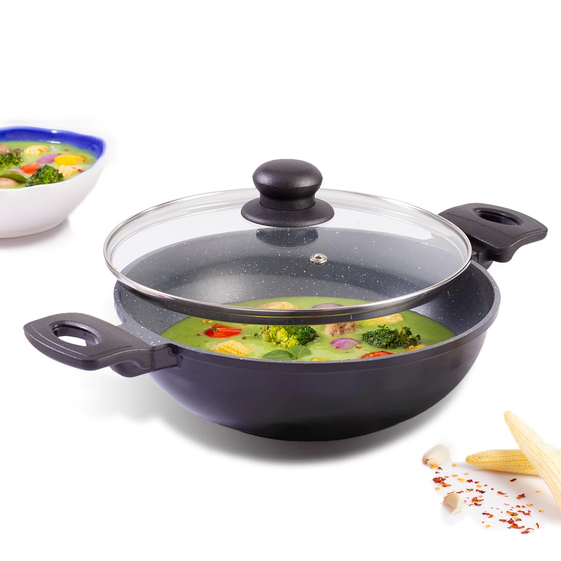 Wonderchef Duralite Die-Cast Kadhai With Lid 24 Cm | 2.4 L | Grey | 2 Years Warranty