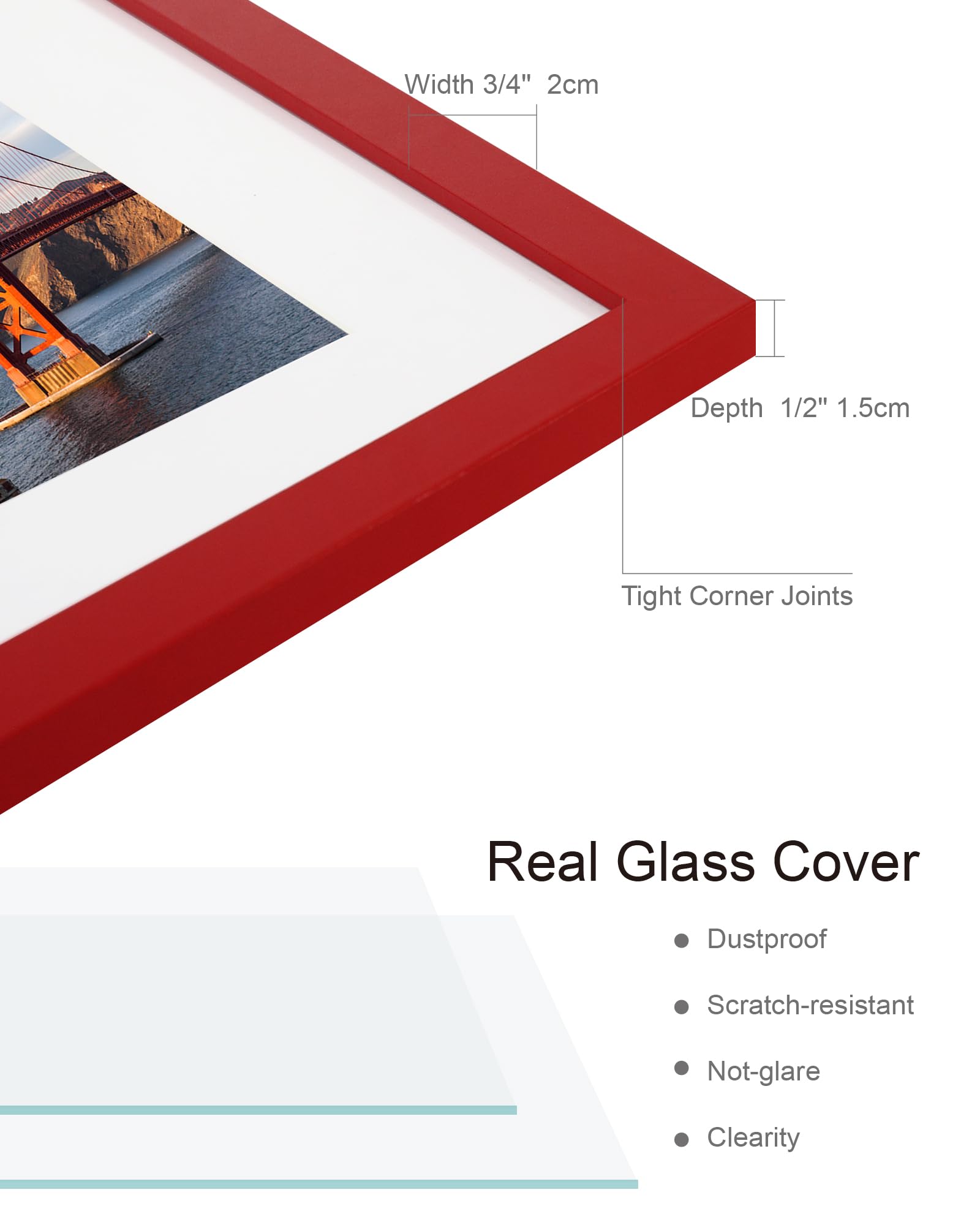 Hongkee 8x10 Picture Frame (4 Pack, Red) Made of Real Glass and Wooden Frame - Display Pictures 5x7 with Mat or 8x10 Without Mat