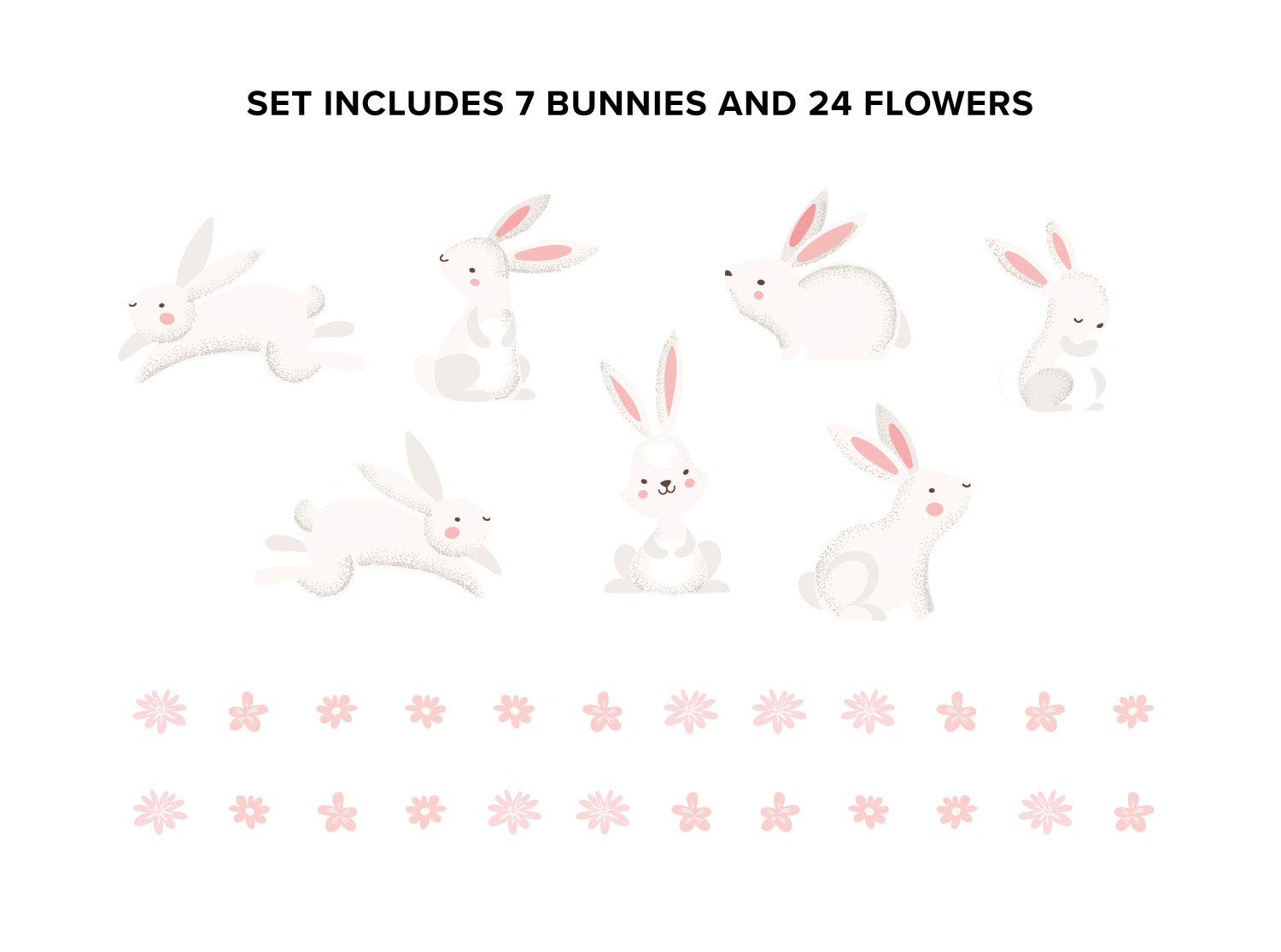 Sunny Decals Cute Bunny Rabbits And Flowers Removable Fabric Wall Stickers (Set Of 7 Bunnies And 24 Flowers, Multicolor)