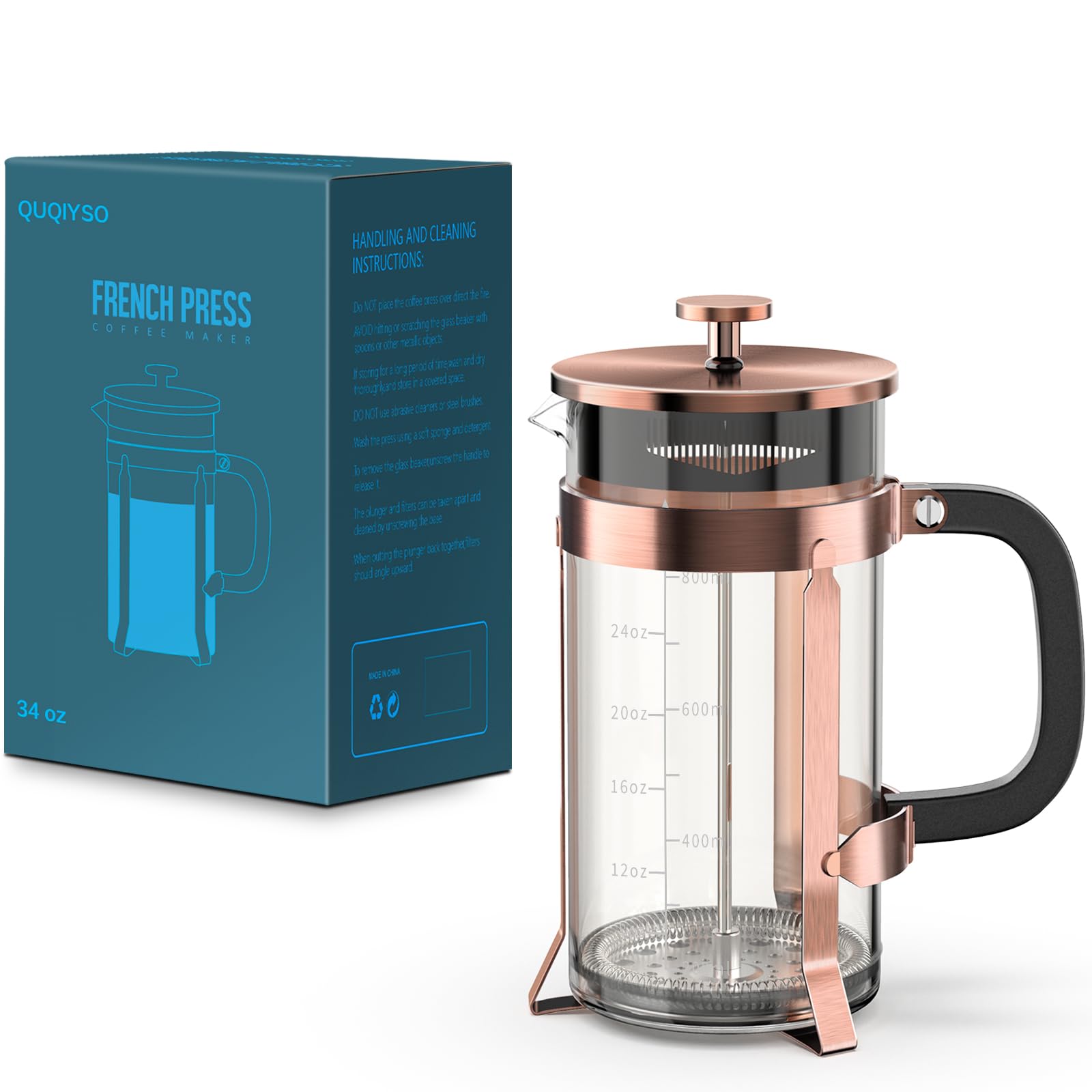 Quqiyso French Press Coffee Maker 34Oz 304 Stainless Steel With 4 Filter, Heat Resistant Durable, Easy To Clean, Borosilicate Gl