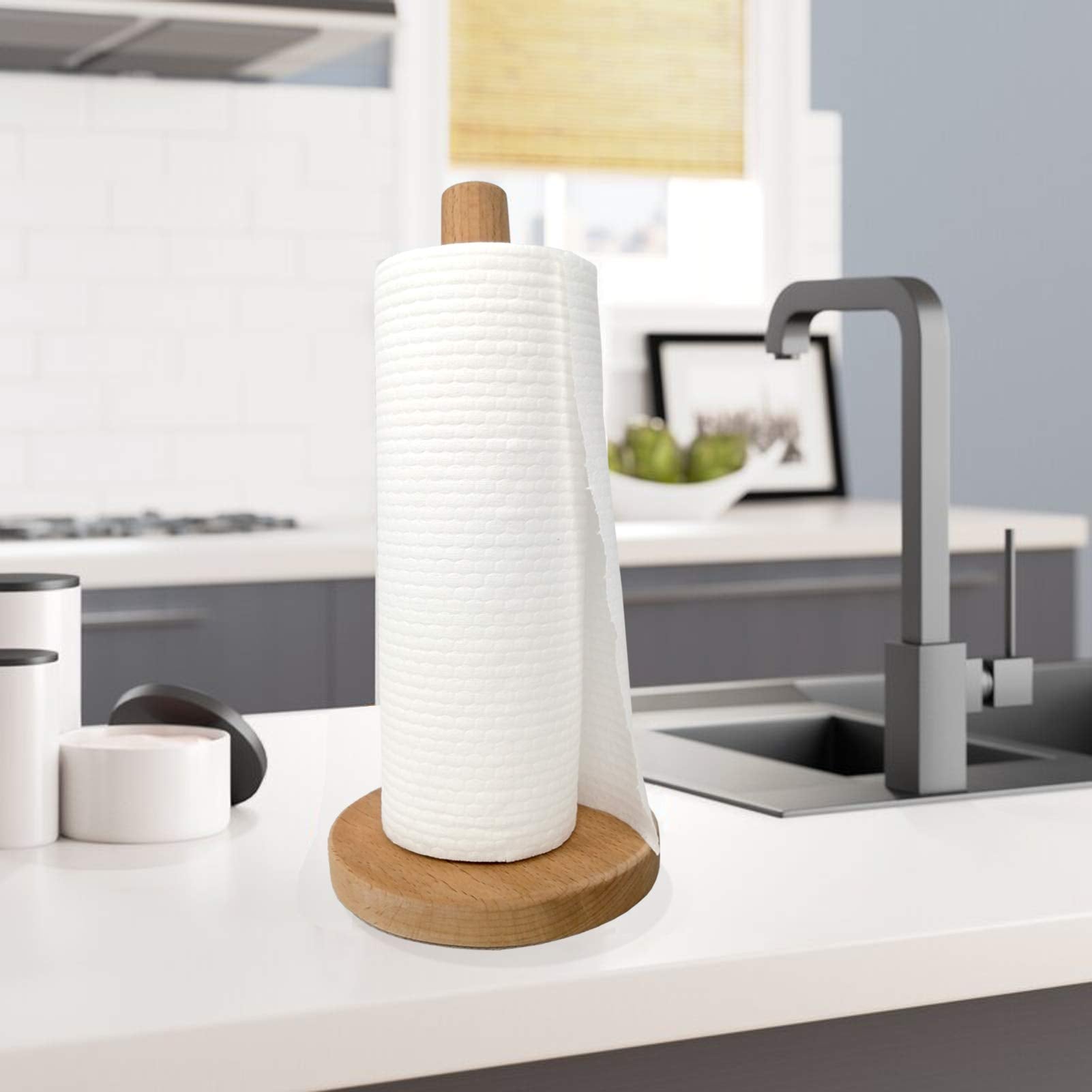 Yistao Wood Paper Towel Holder, Wooden Paper Towel Holder Countertop Standing Paper Towel Organizer Roll Dispenser For Kitchen C