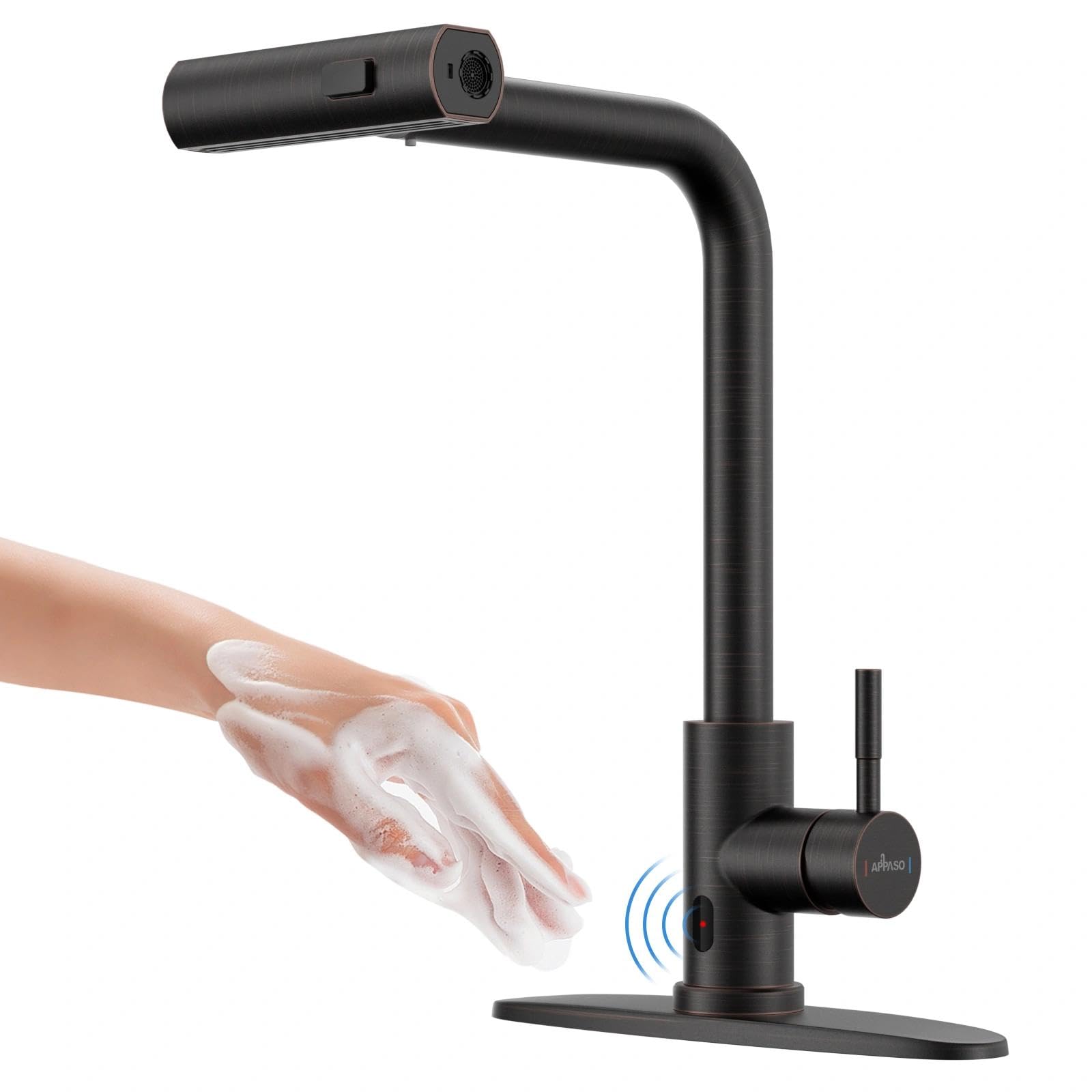 APPASO Touchless Kitchen Faucet with Pull Down Sprayer Oil Rubbed Bronze, Waterfall Touchless Motion Sensor Hands-Free, Single H