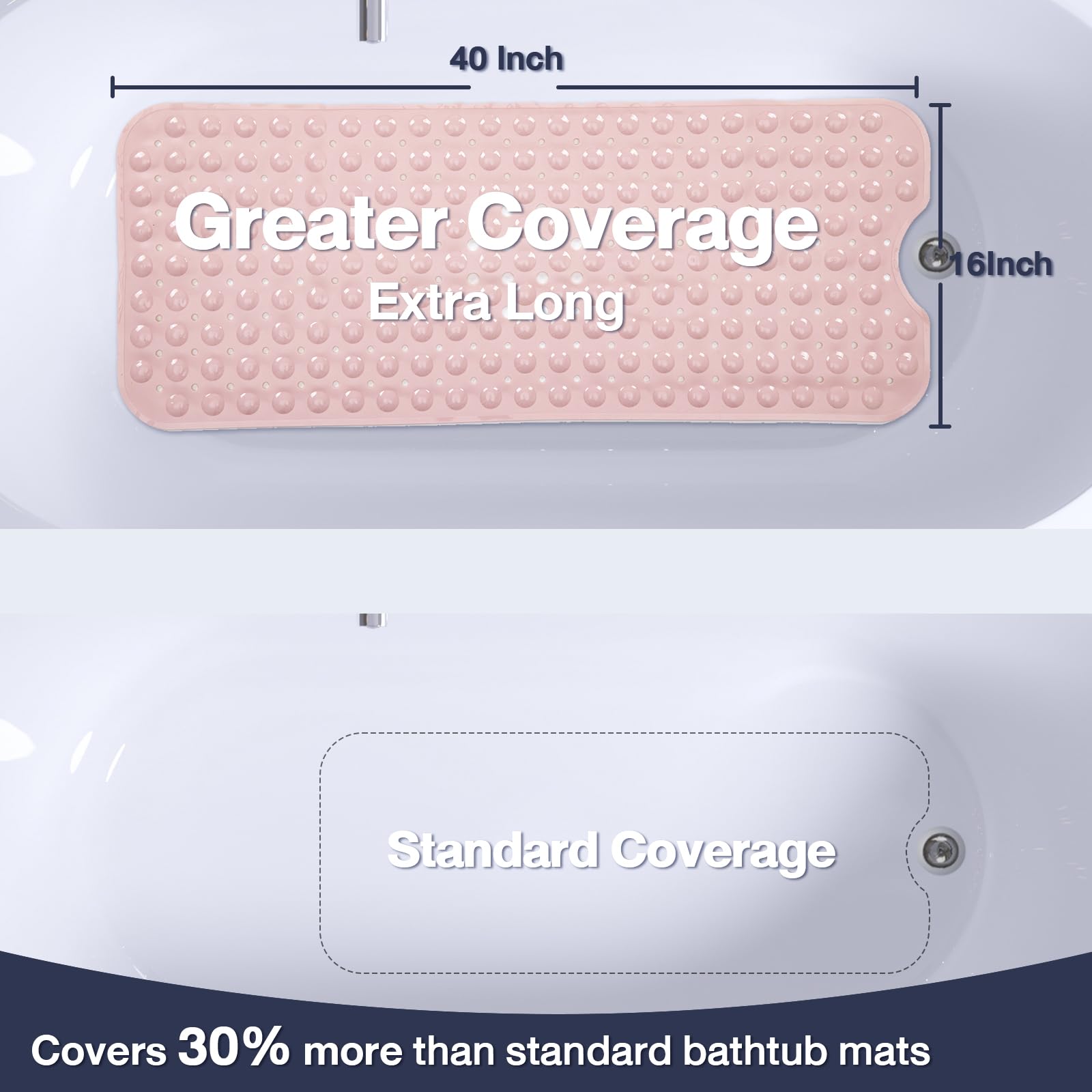 Naoloture Extra Long Pink Bathtub Mat Non Slip, Soft Bath Mat For Tub 40 X 16 Inch Full Size, Bath Tub Shower Mats For Bathroom
