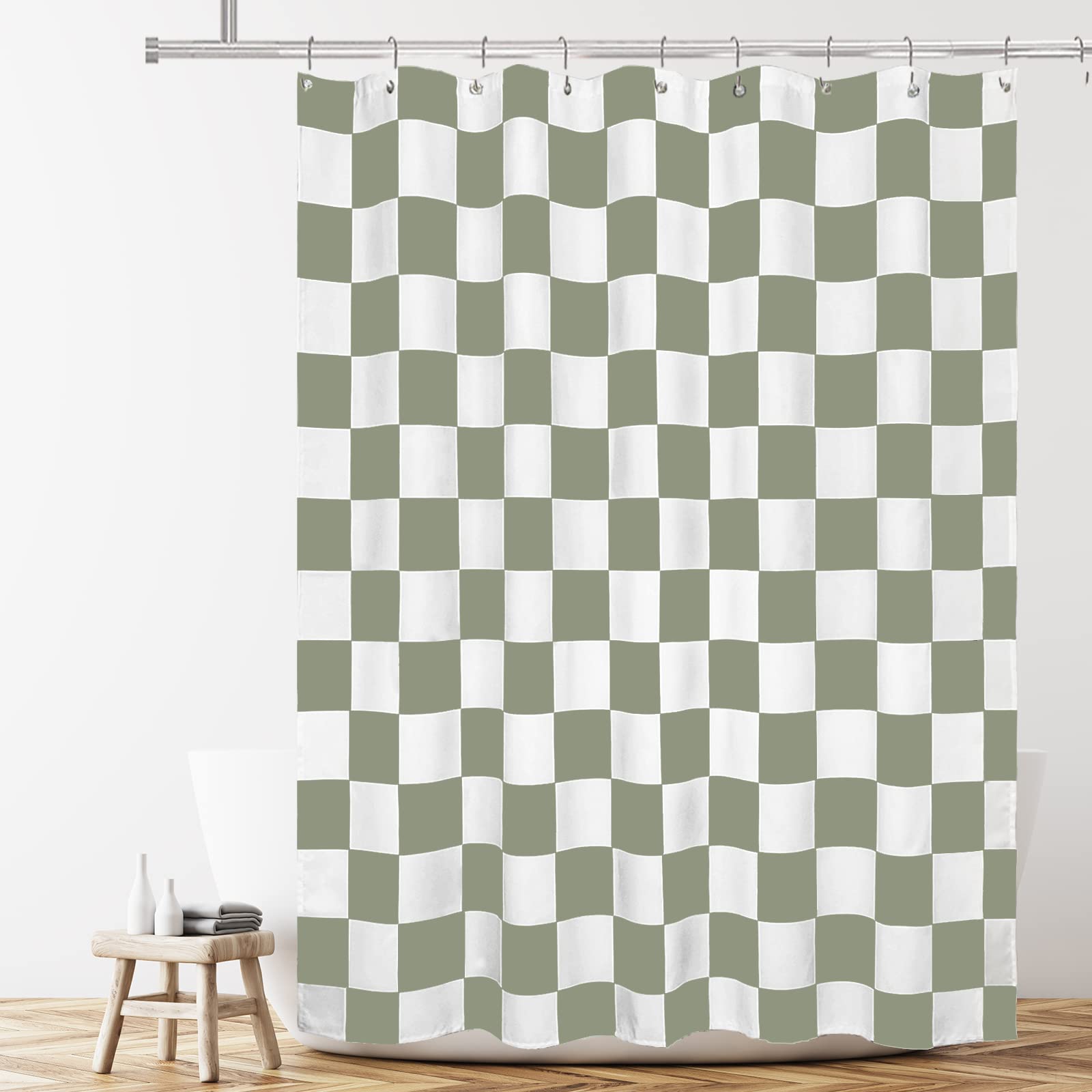 Tititex Aesthetic Checkerboard Grid Pattern Shower Curtain, White Sage Green Modern Shower Curtain Sets Decoration 71X71 Inch Wi