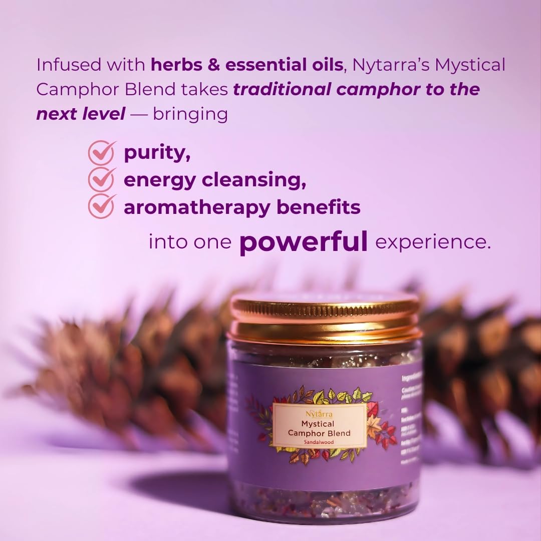 Nytarra Sandalwood Mystical Camphor Blend - 70G | Pure Kapoor/Kapooram For Diffuser, Daily Use & Meditation | Infused With Herbs