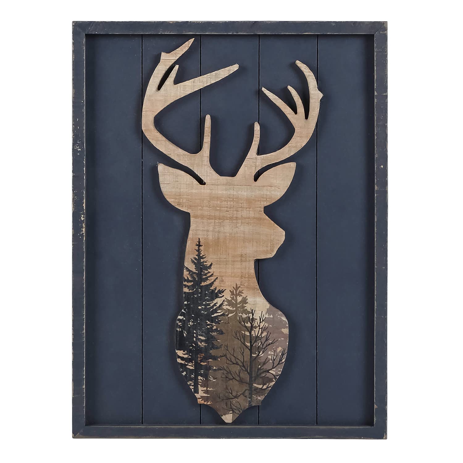 Nikky Home Cabin Wall Decor, Decorative Deer Wood Framed Forest Mountain Woodland Wildlife Lodge Elk Animal Picture Art Print Ba